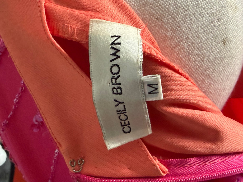 Cecily Brown Hot Pink Beaded Rhinestone Open Back Evening Gown