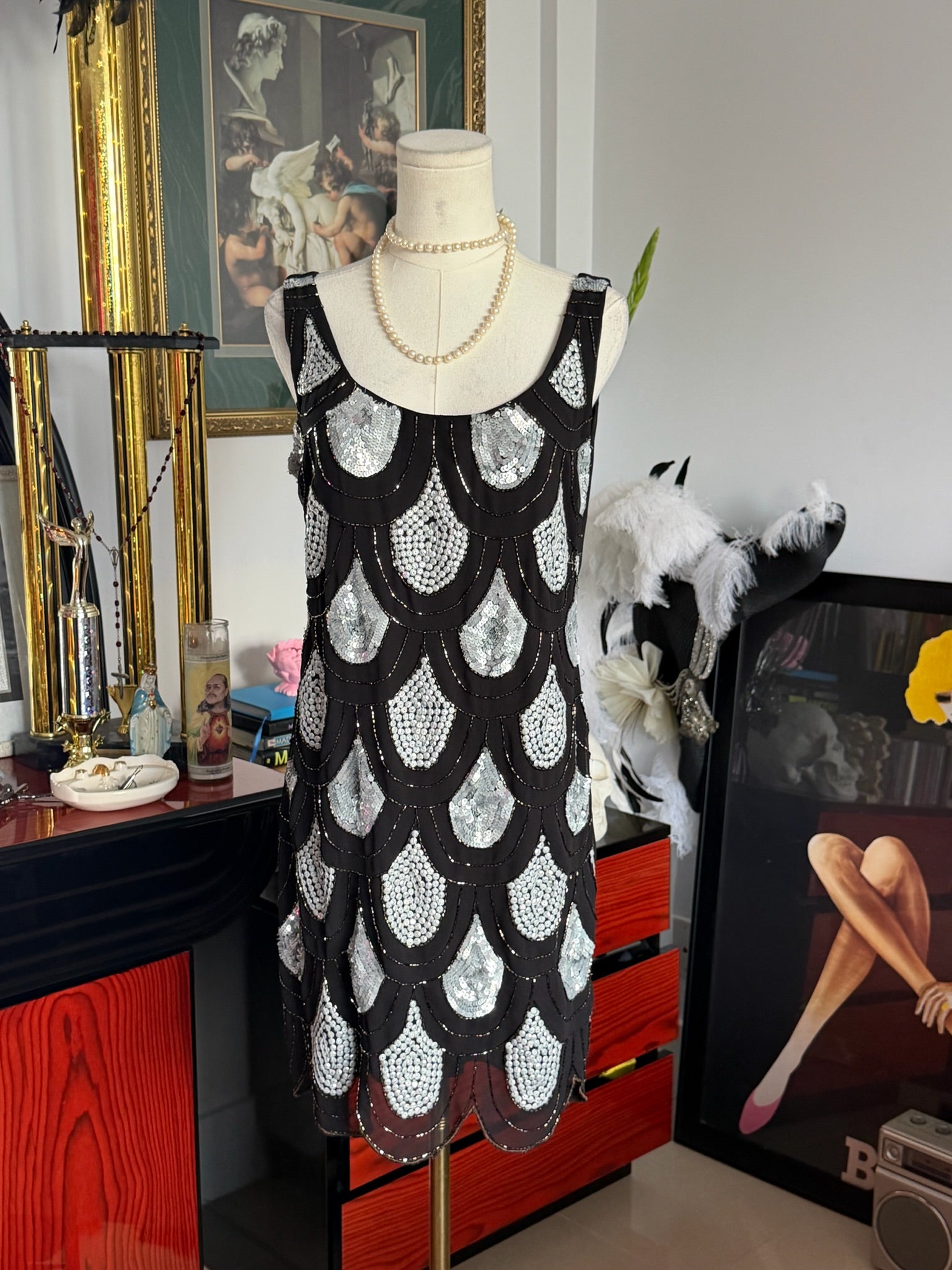 AQUA Art Deco Beaded Sequin Cocktail Dress