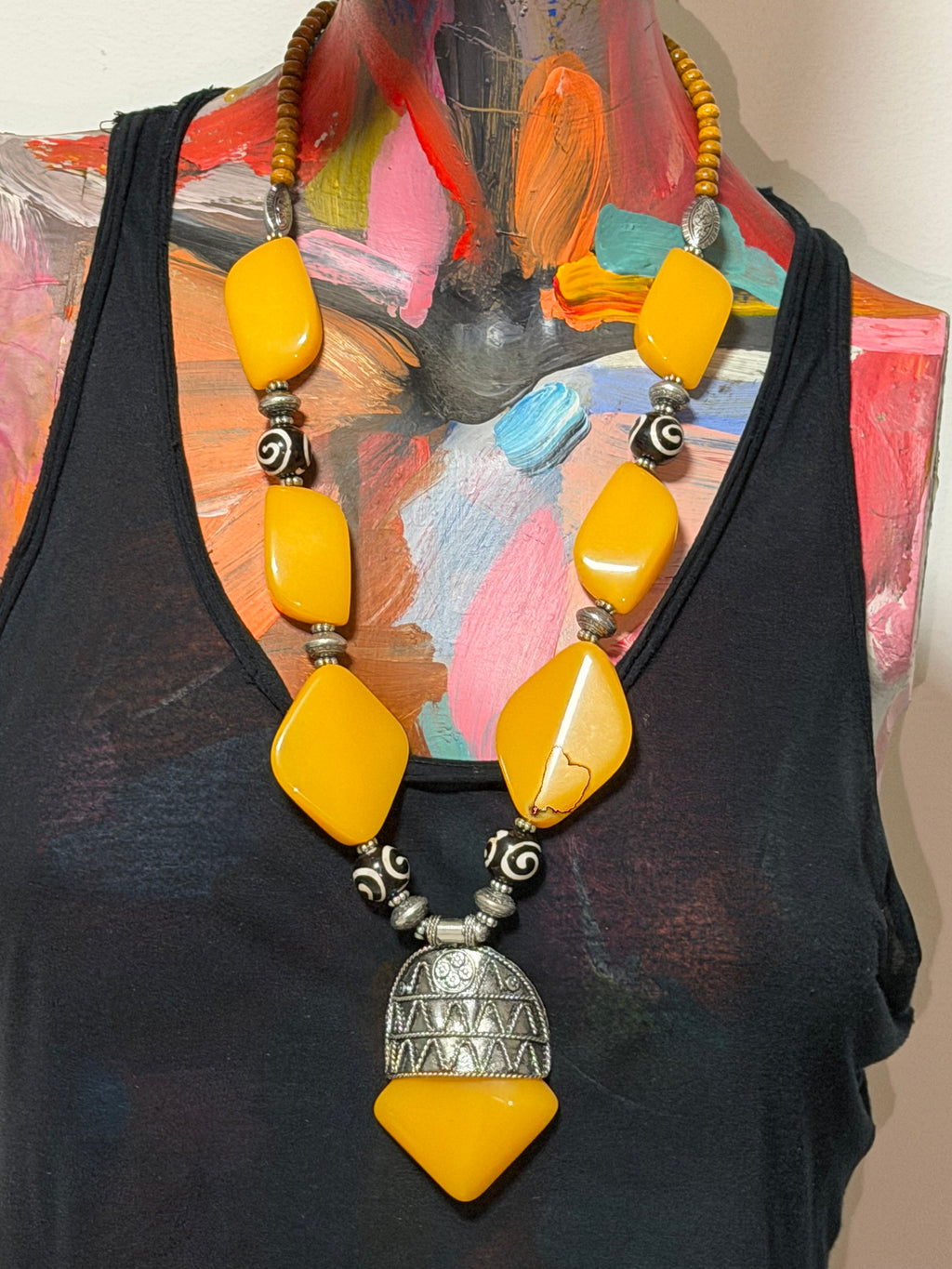 Vintage Mustard Resin & Tribal Statement Pendant Necklace