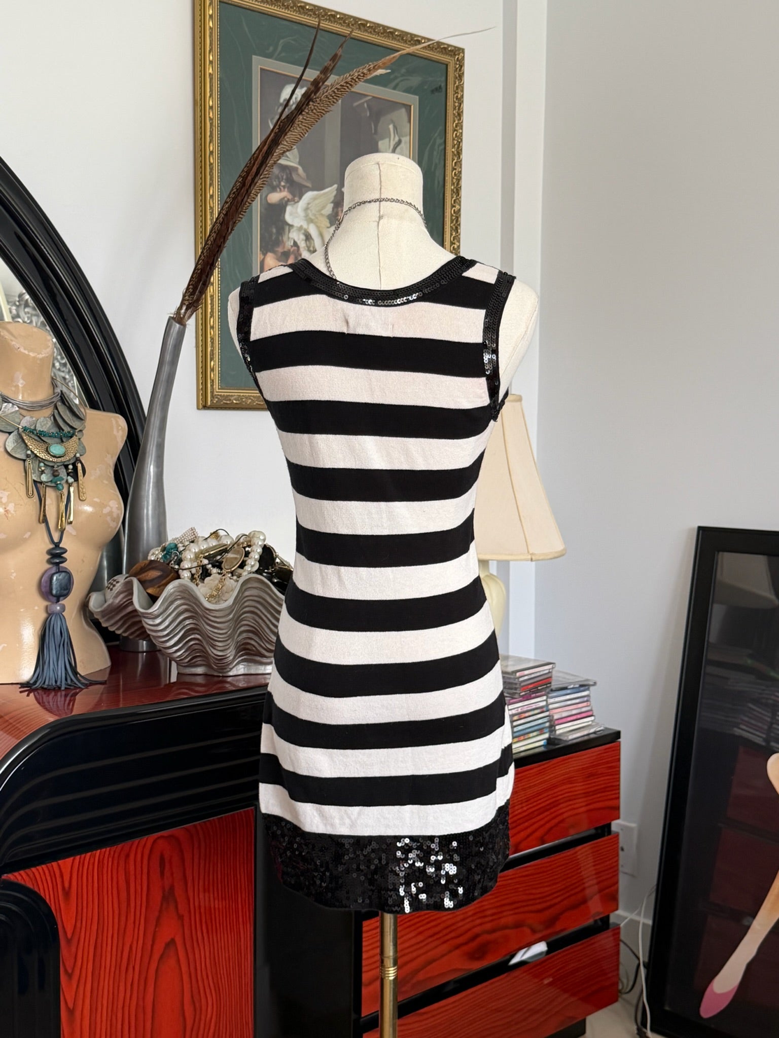 Black & Cream Striped Sequin Mini Dress