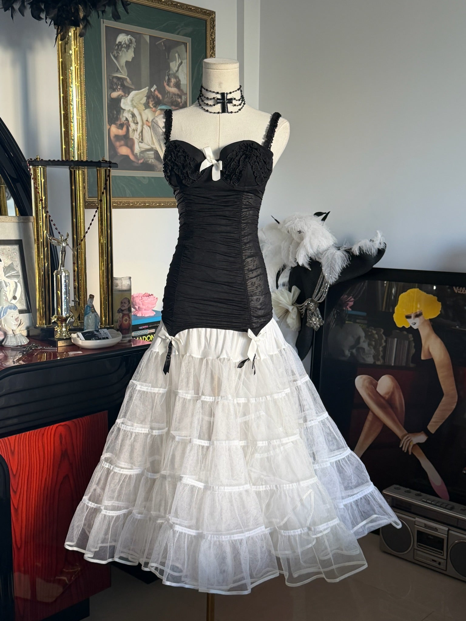 Vintage Victoria’s Secret Black Bustier Slip – Ruched Lace Lingerie Dress 34C