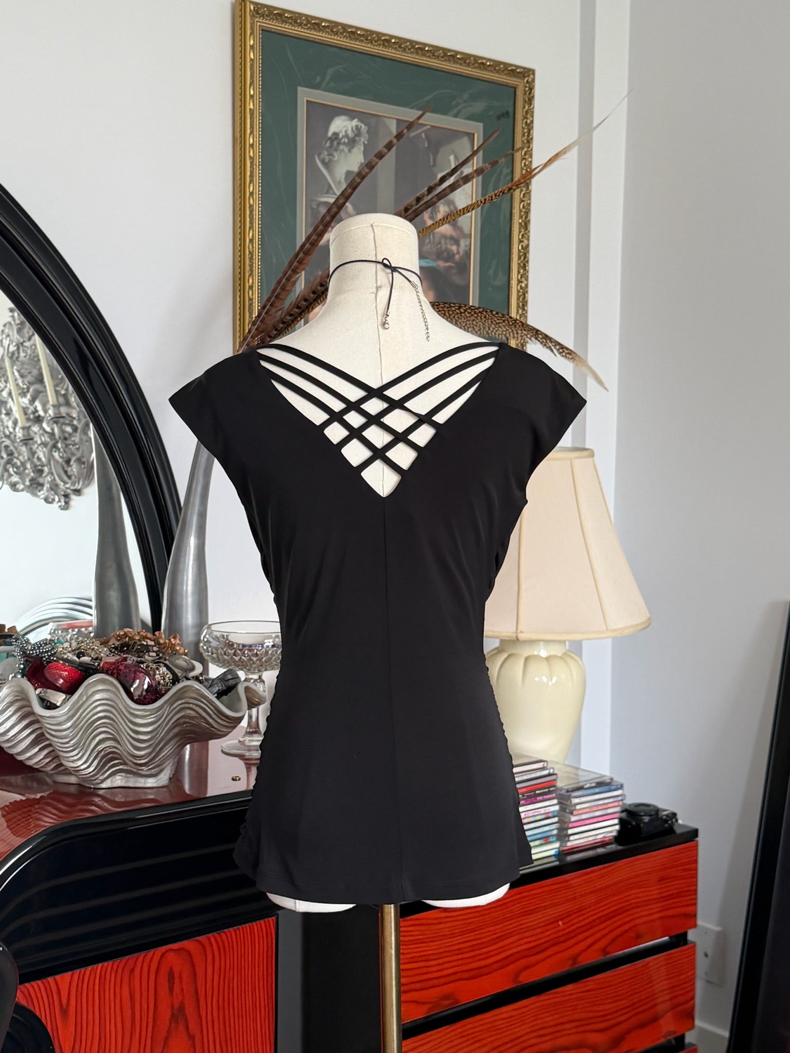 Draped black cowl neck top S