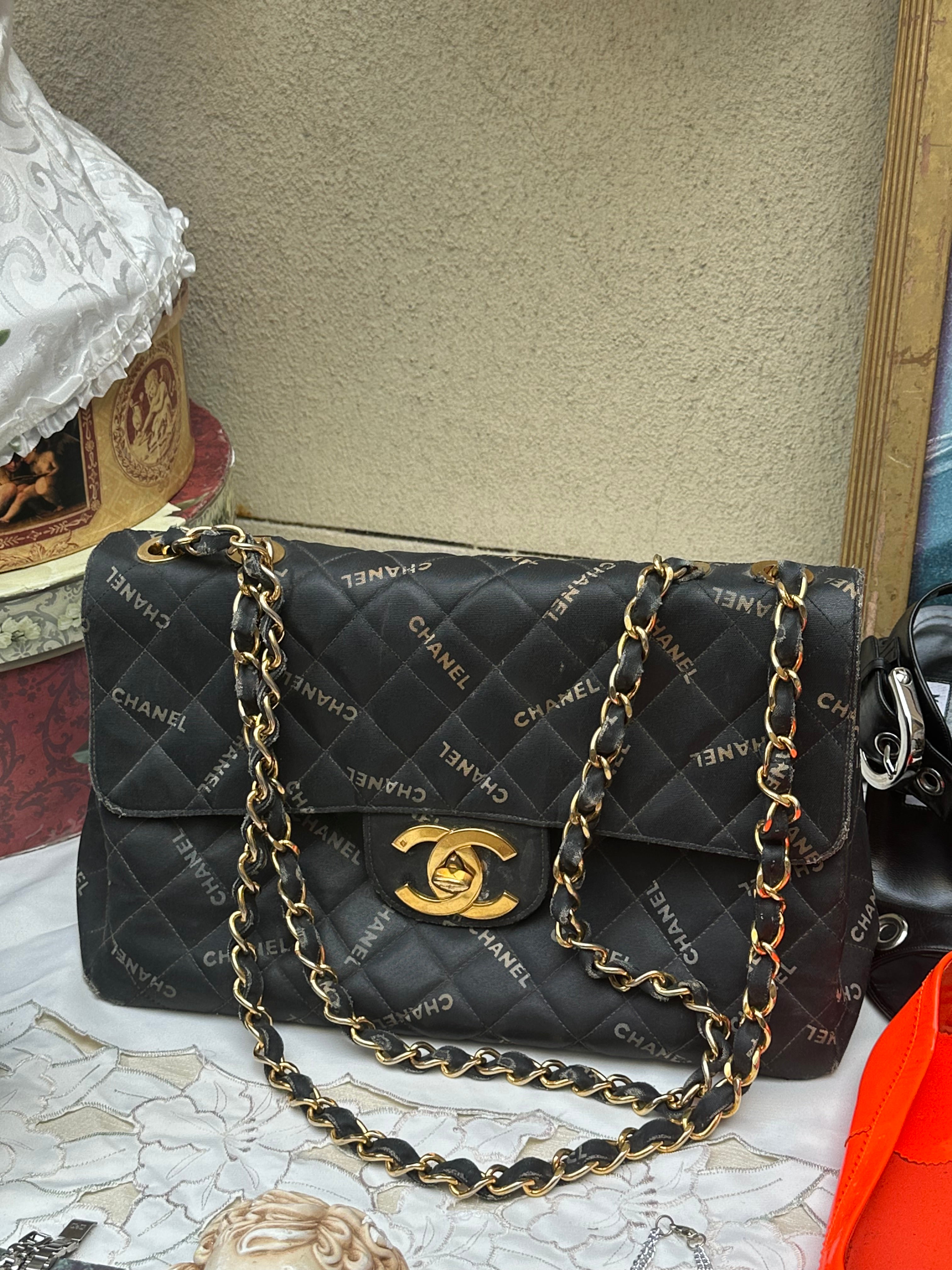 Chanel Black Quilted Canvas Logo Print Maxi XL Flap Bag