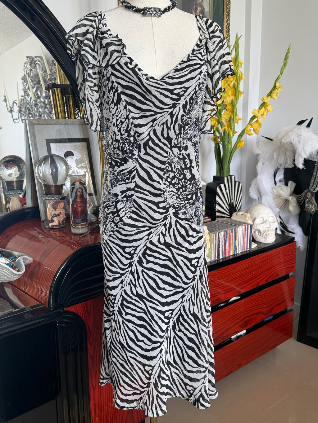 Address Black & White Zebra Print Flutter Sleeve Dress | Animal Print Midi Dress | Size 12