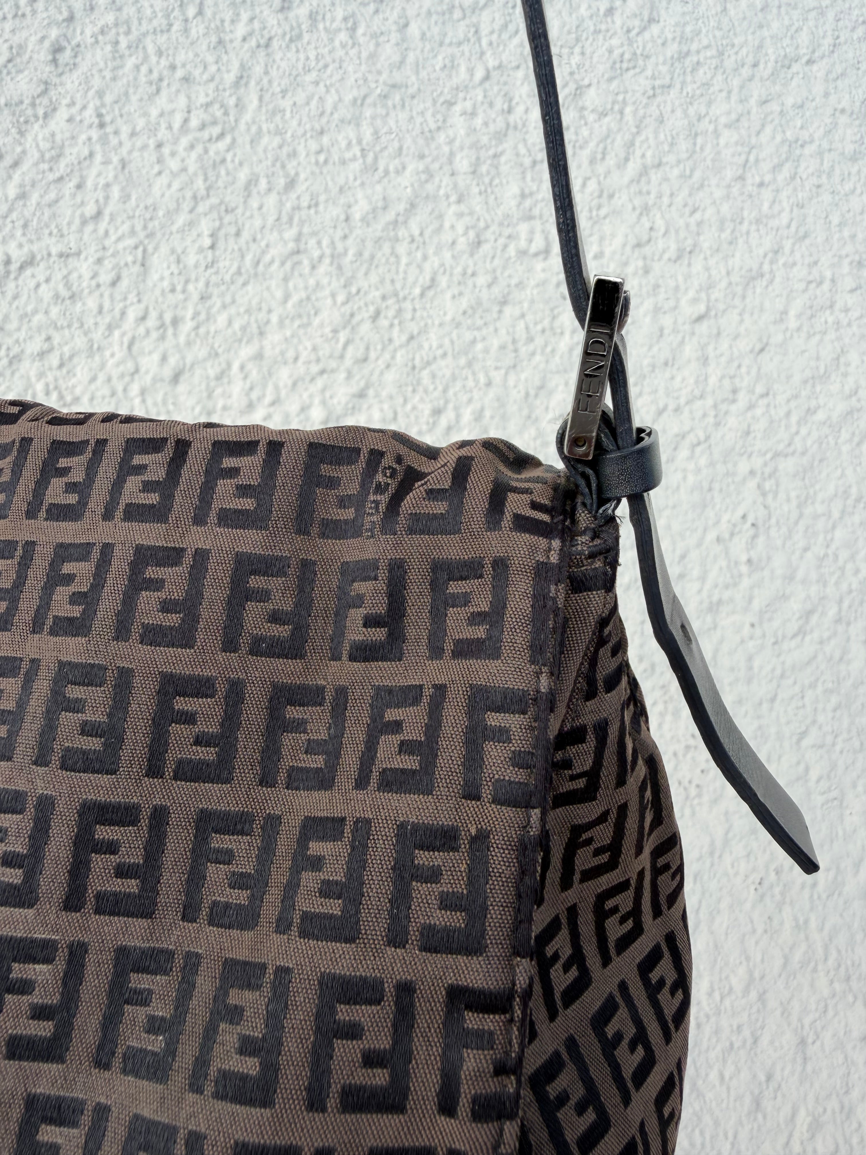 Fendi Mamma Baguette / Large Zucca Canvas Shoulder Bag — Brown & Black / Silver Hardware