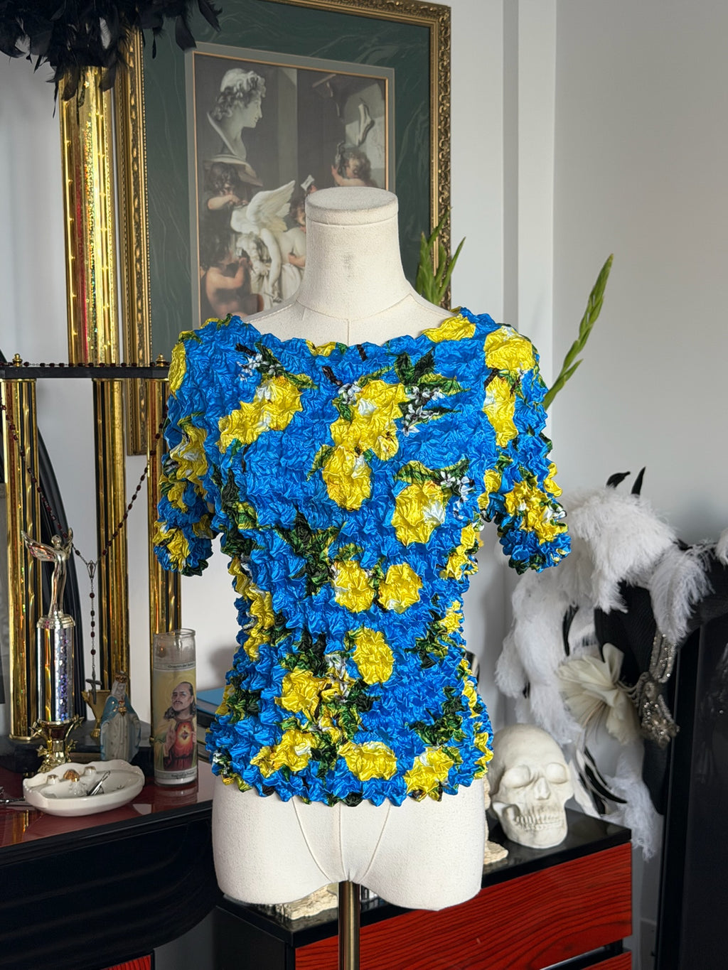 Textured Blue & Yellow Floral Stretch Top