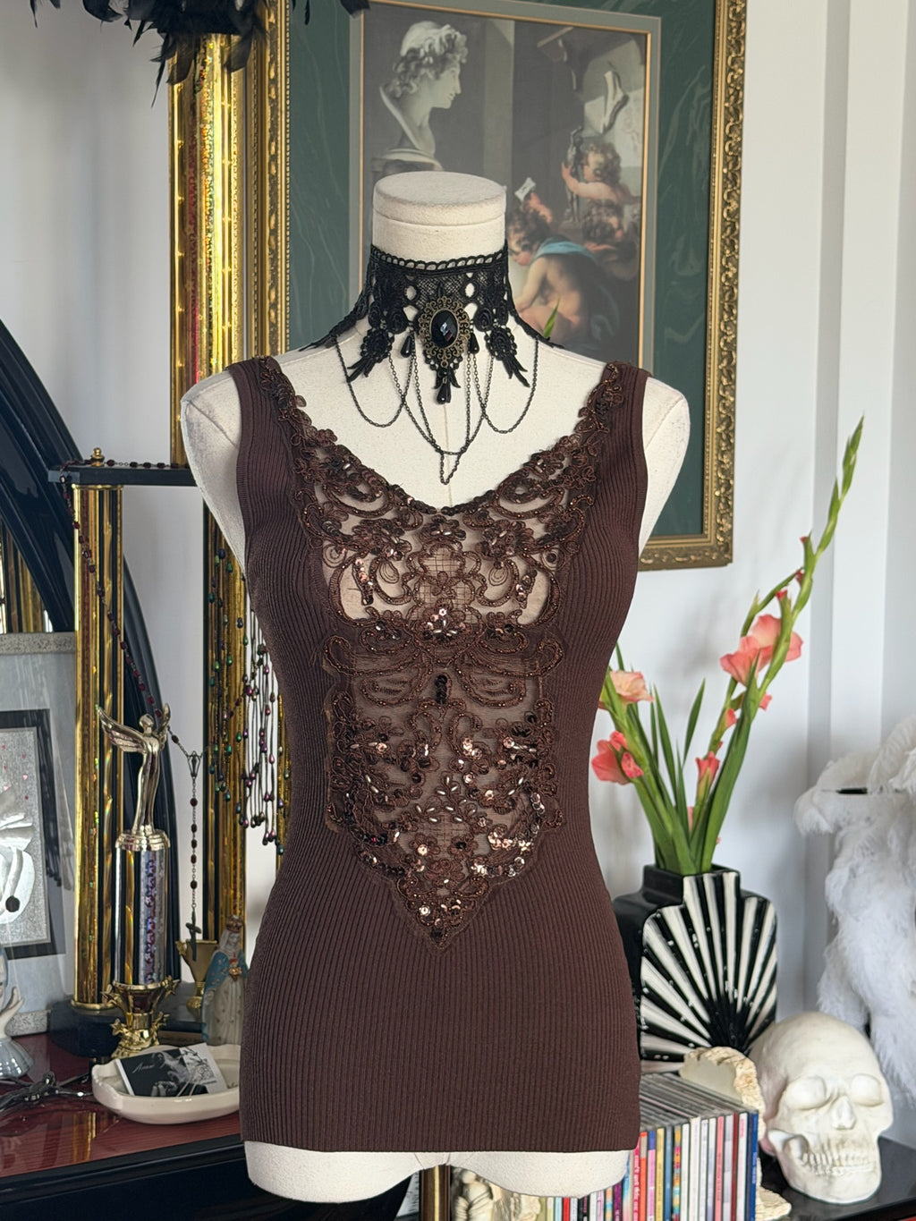 Caché Beaded Lace Illusion Ribbed Knit Tank – Chocolate Brown