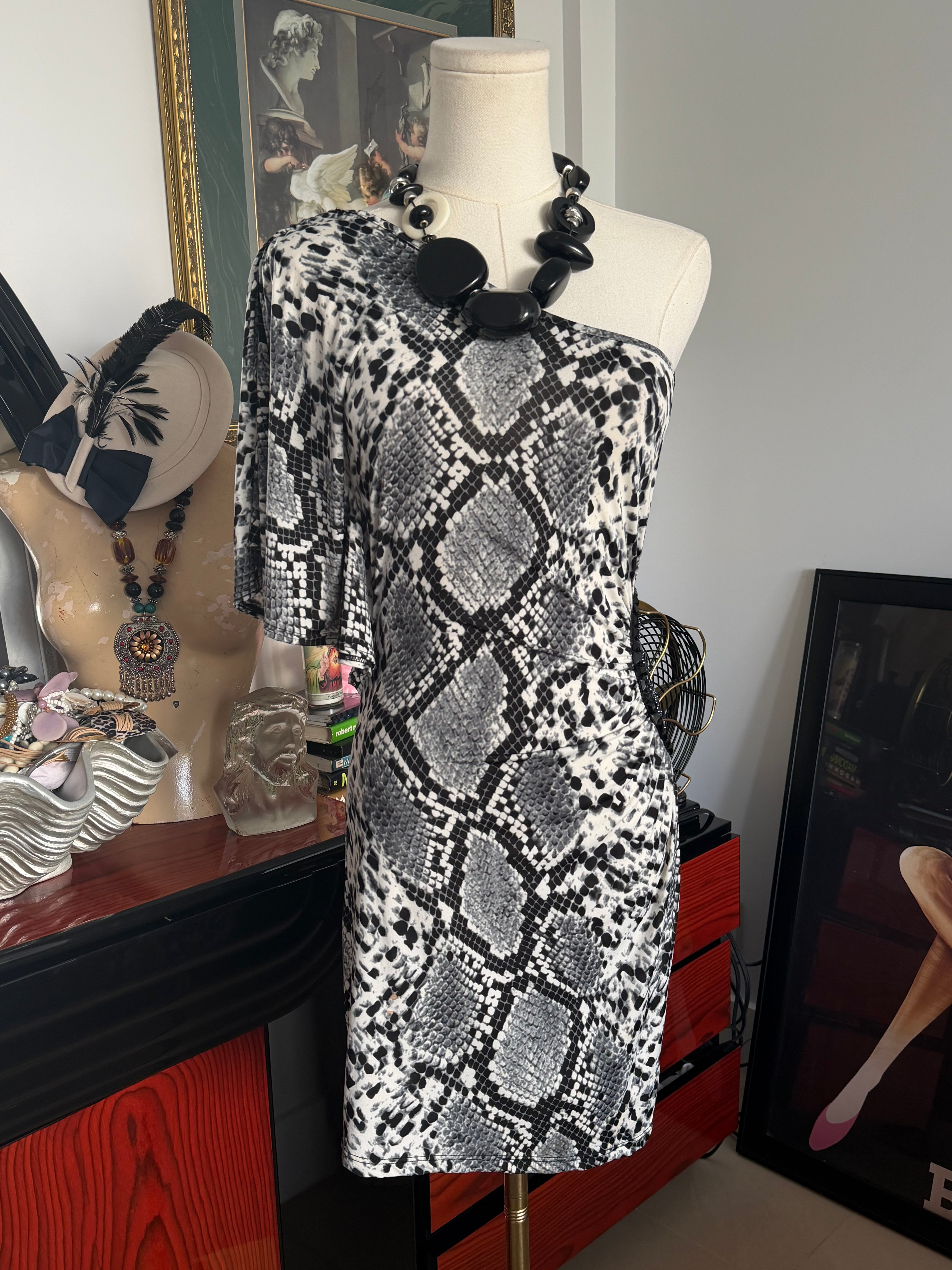 Vintage Y2K Snake Print One Shoulder Glam Dress – Made in USA