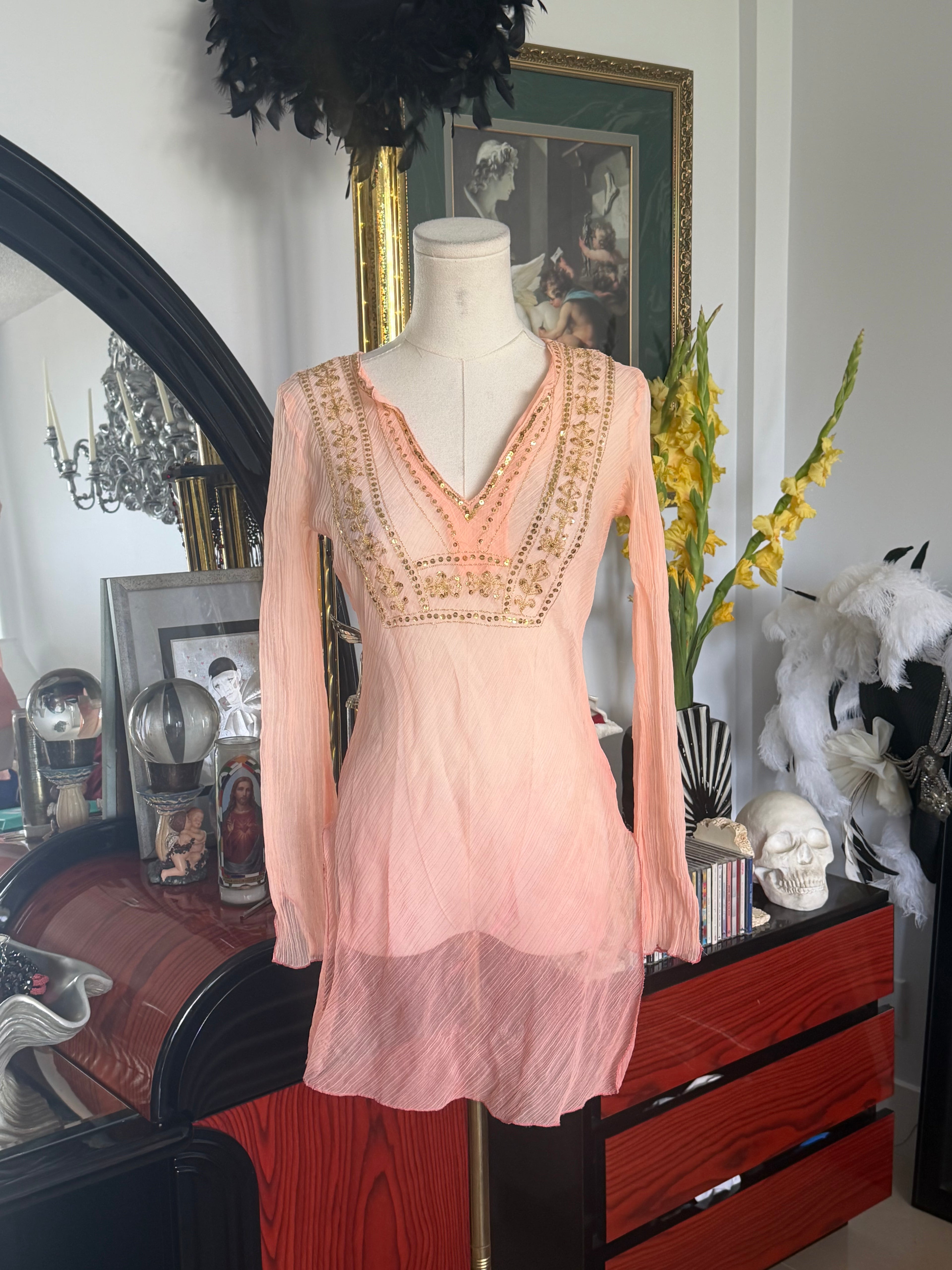 Metro 7 Blush Pink Embellished Sheer Tunic Top | Boho Beaded Long Sleeve Cover-Up | Size M