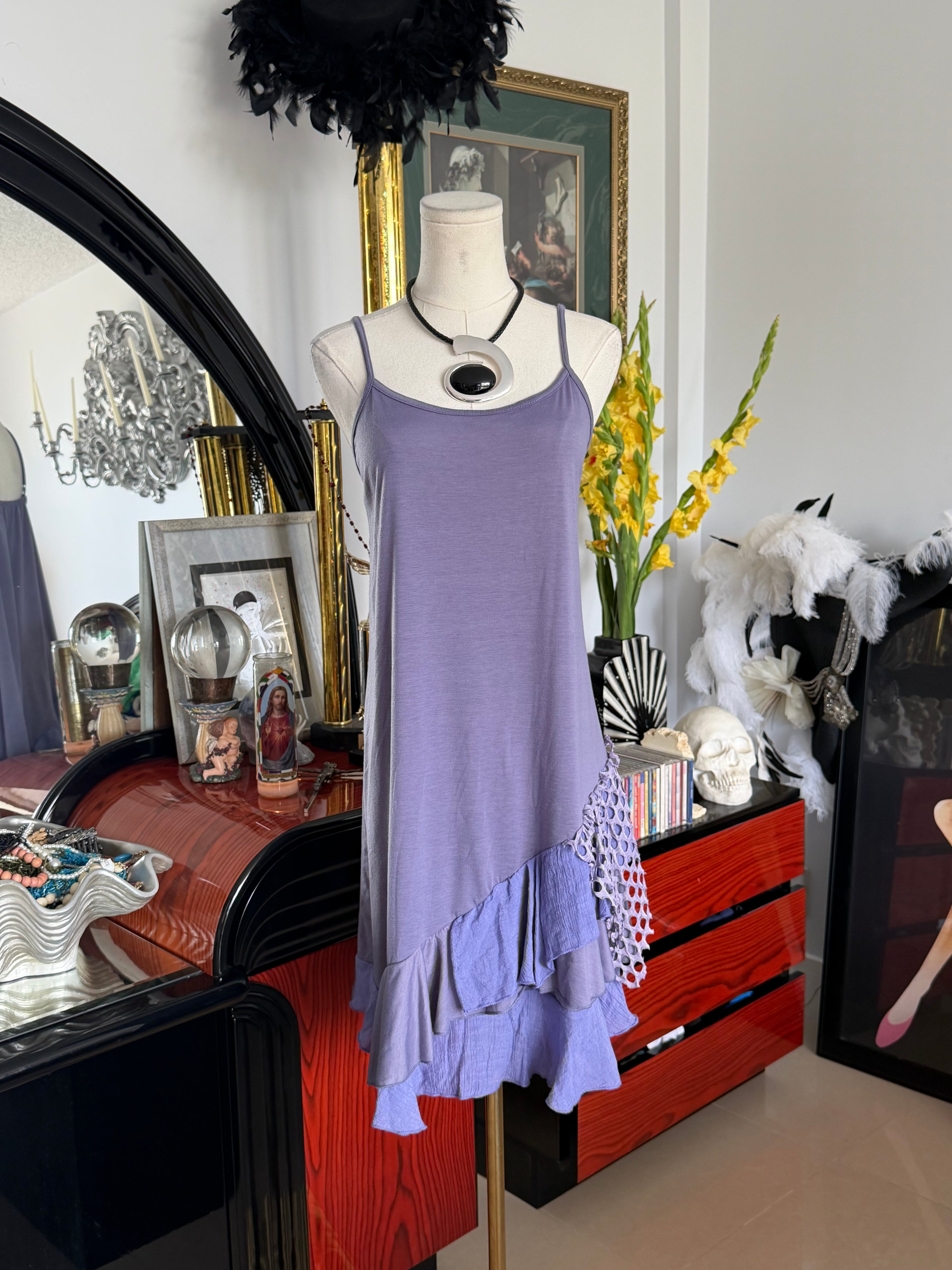 Simply Noelle Lavender Boho Ruffle Slip Dress with Crochet Detail