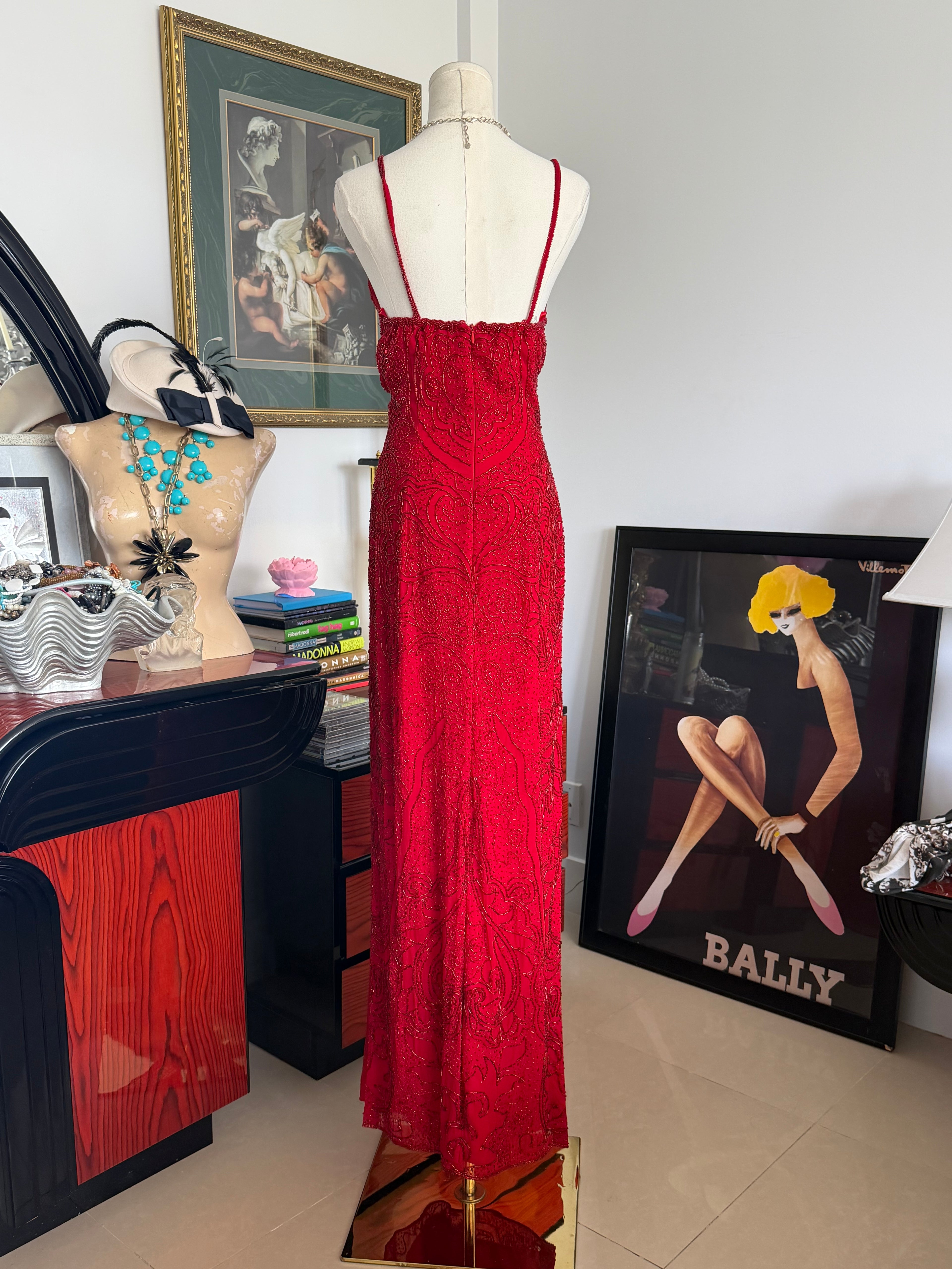 Vintage Cache Deadstock Fully Beaded Red Gown
