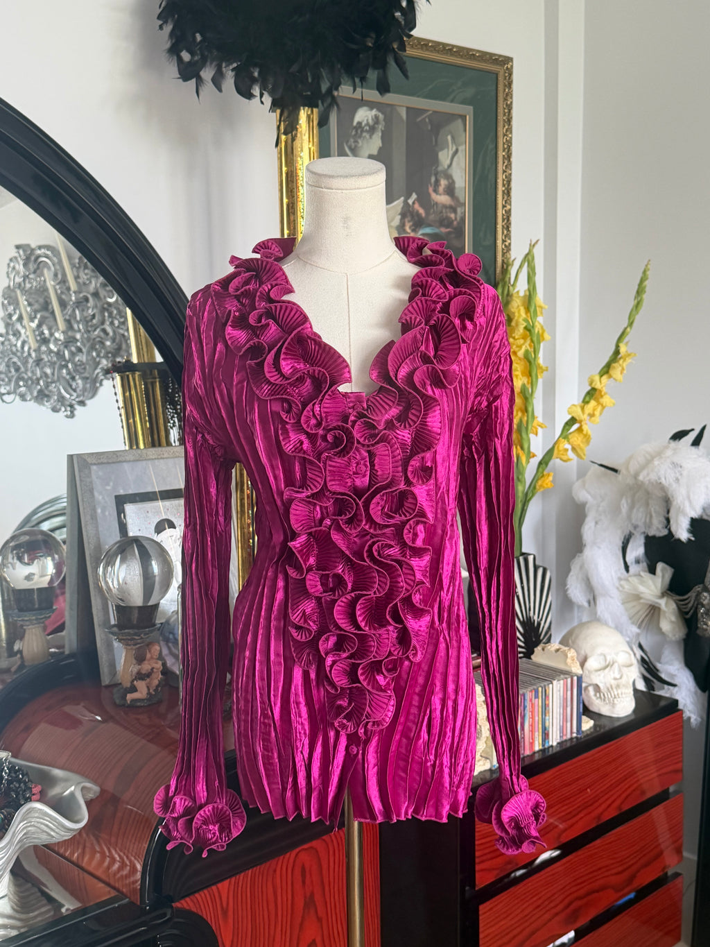 Coffee Rippie Magenta Crinkle Ruffle Blouse | Romantic Textured Stretch Top | XL