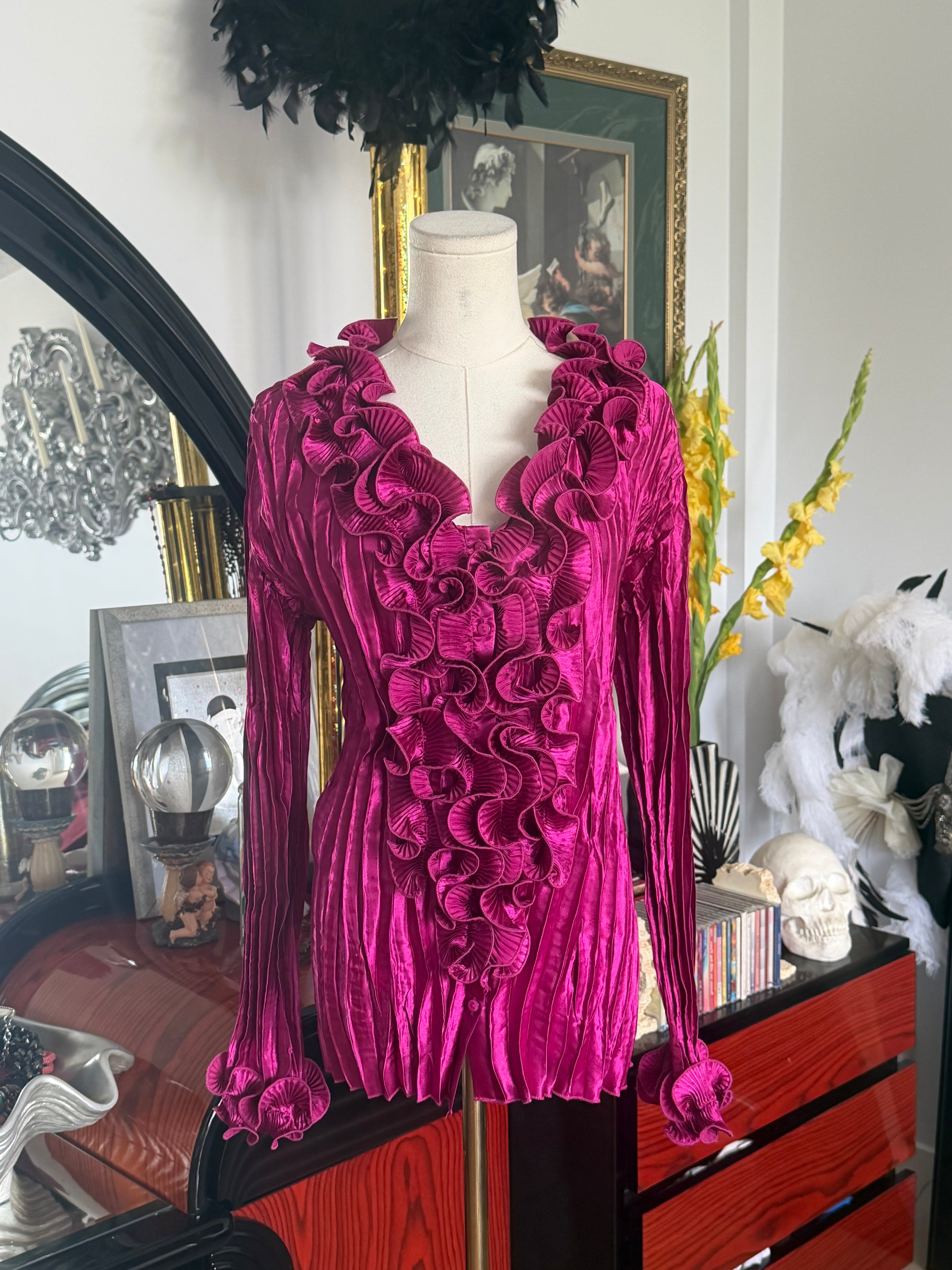Coffee Rippie Magenta Crinkle Ruffle Blouse | Romantic Textured Stretch Top | XL