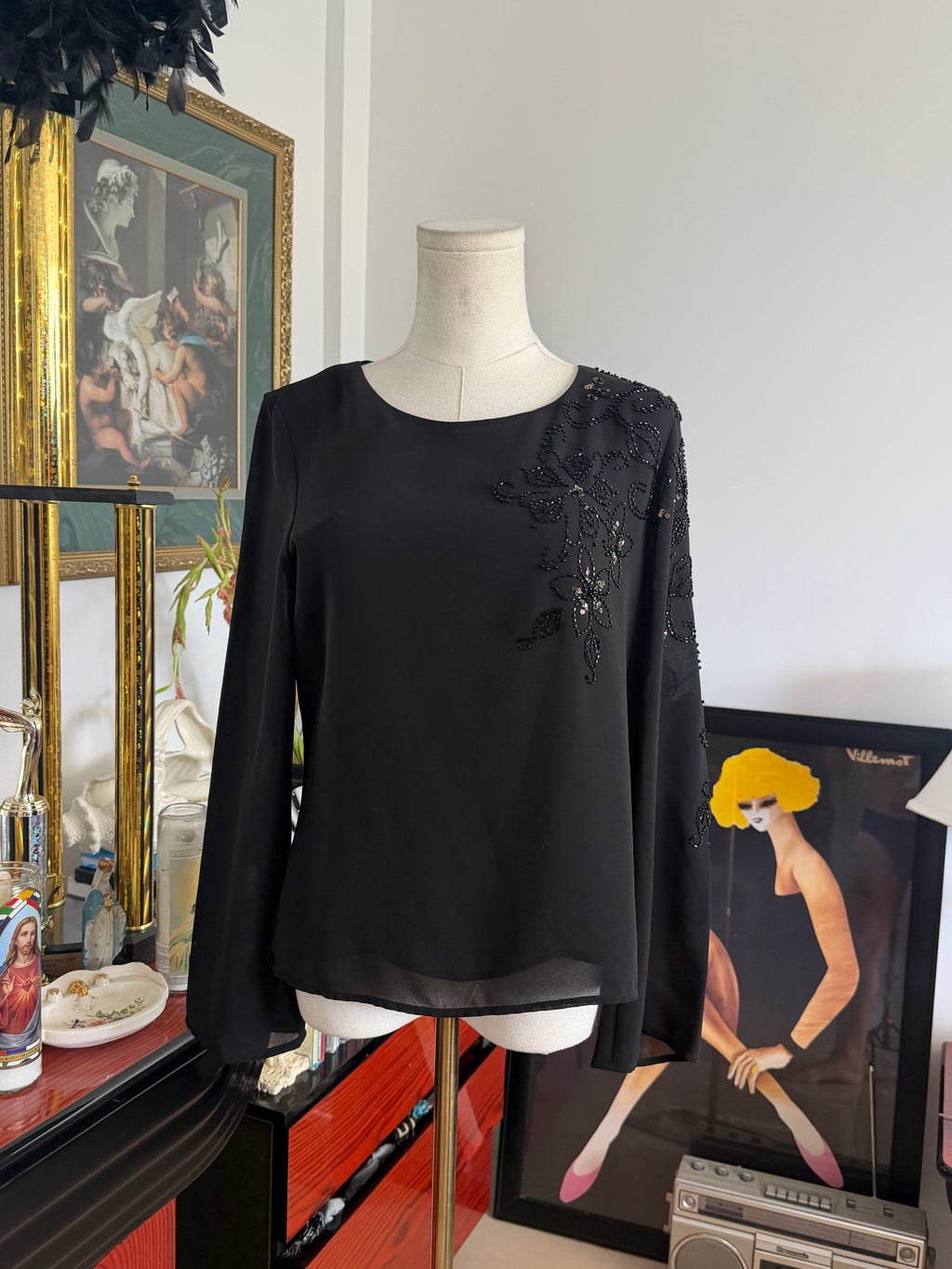 Black Embellished Floral Blouse
