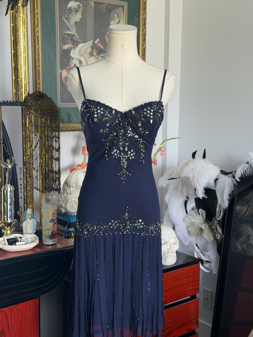 Vintage Sue Wong 100% silk navy beaded dress 2