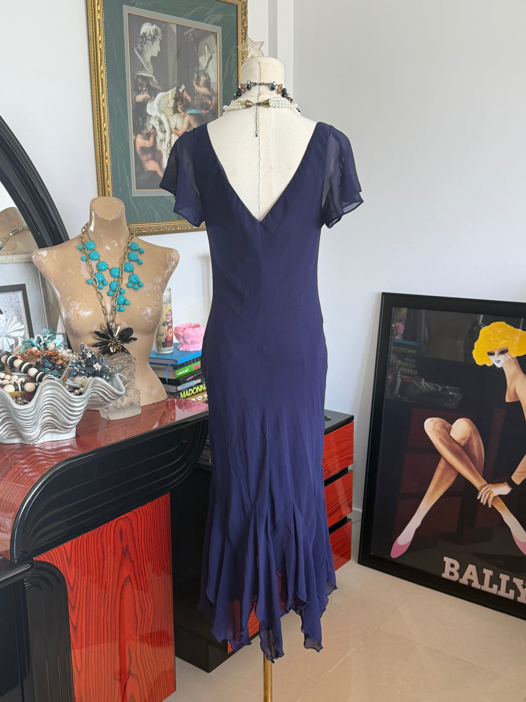 Metaphor navy beaded handkerchief hem evening dress | made in usa | size 12
