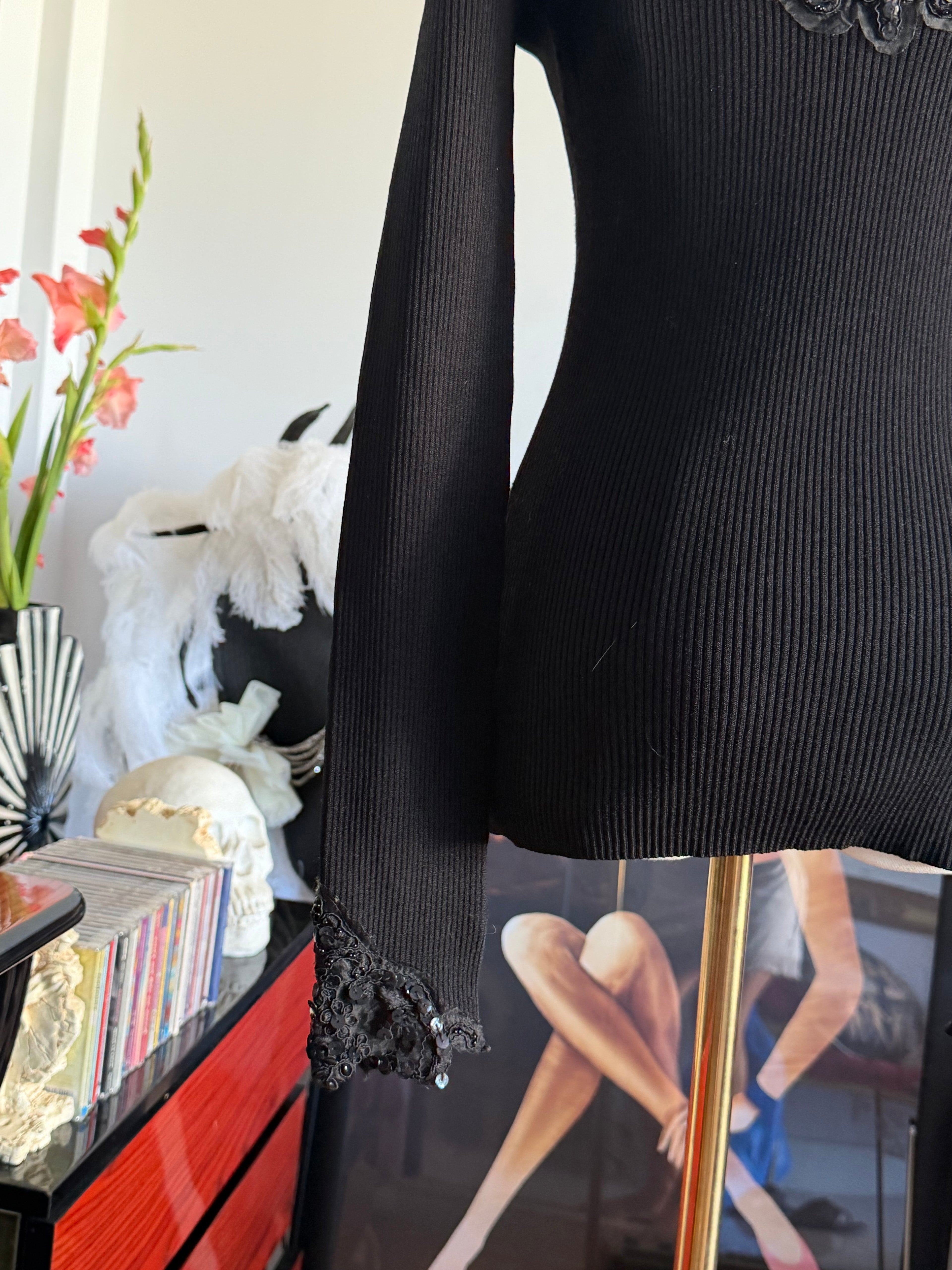 Vintage Caché Black Beaded Lace Reversible Long Sleeve Top