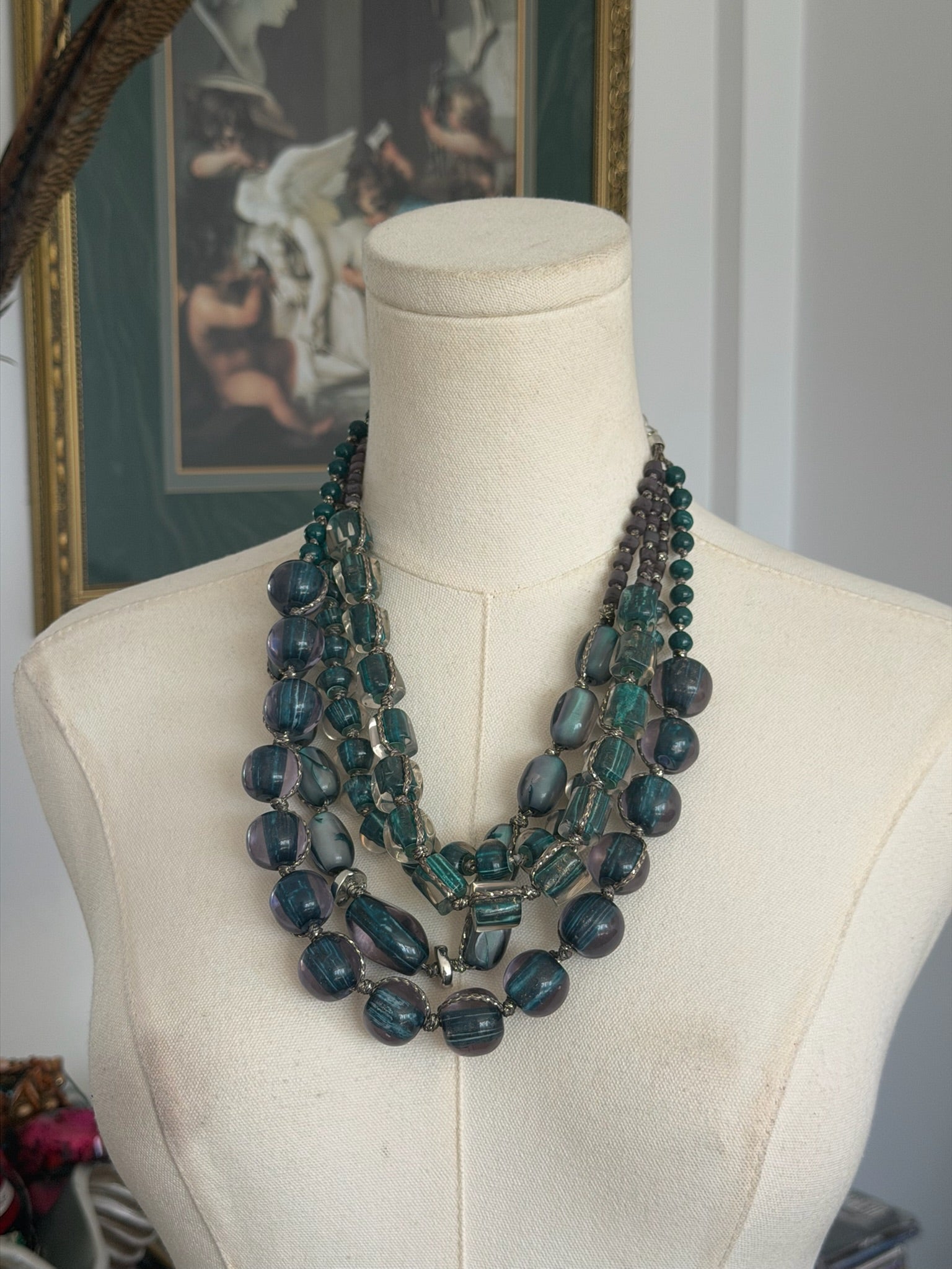 Multi Strand Green Glass Bead Necklace