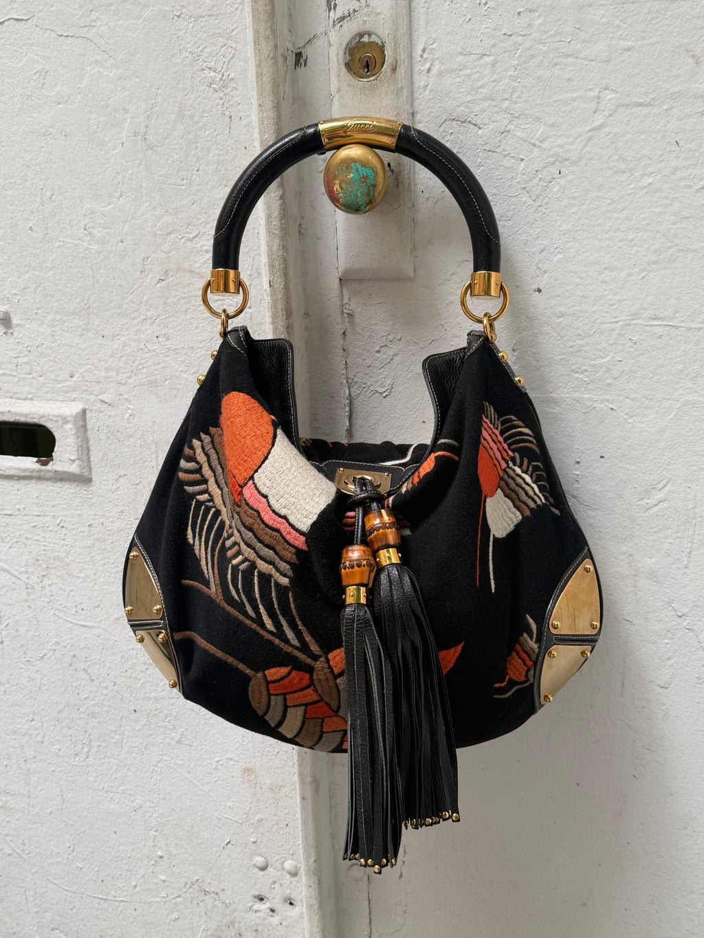 Gucci Fall/Winter Embroidered Velvet Large Indy Hobo Bag