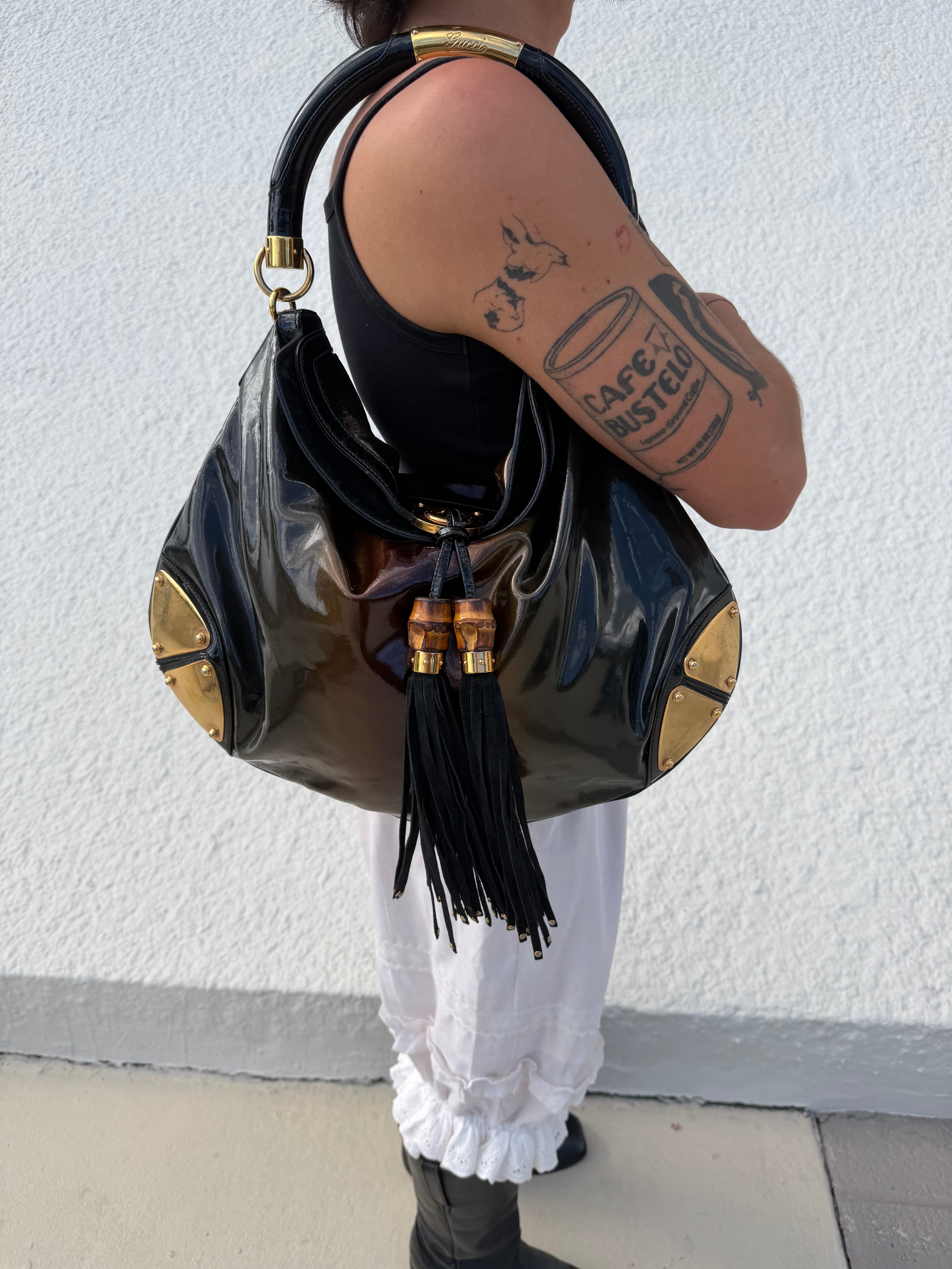 Gucci Indy Large Patent Bamboo Tassel Hobo Bag – Black Patent / Gold Hardware (2007 Collection)