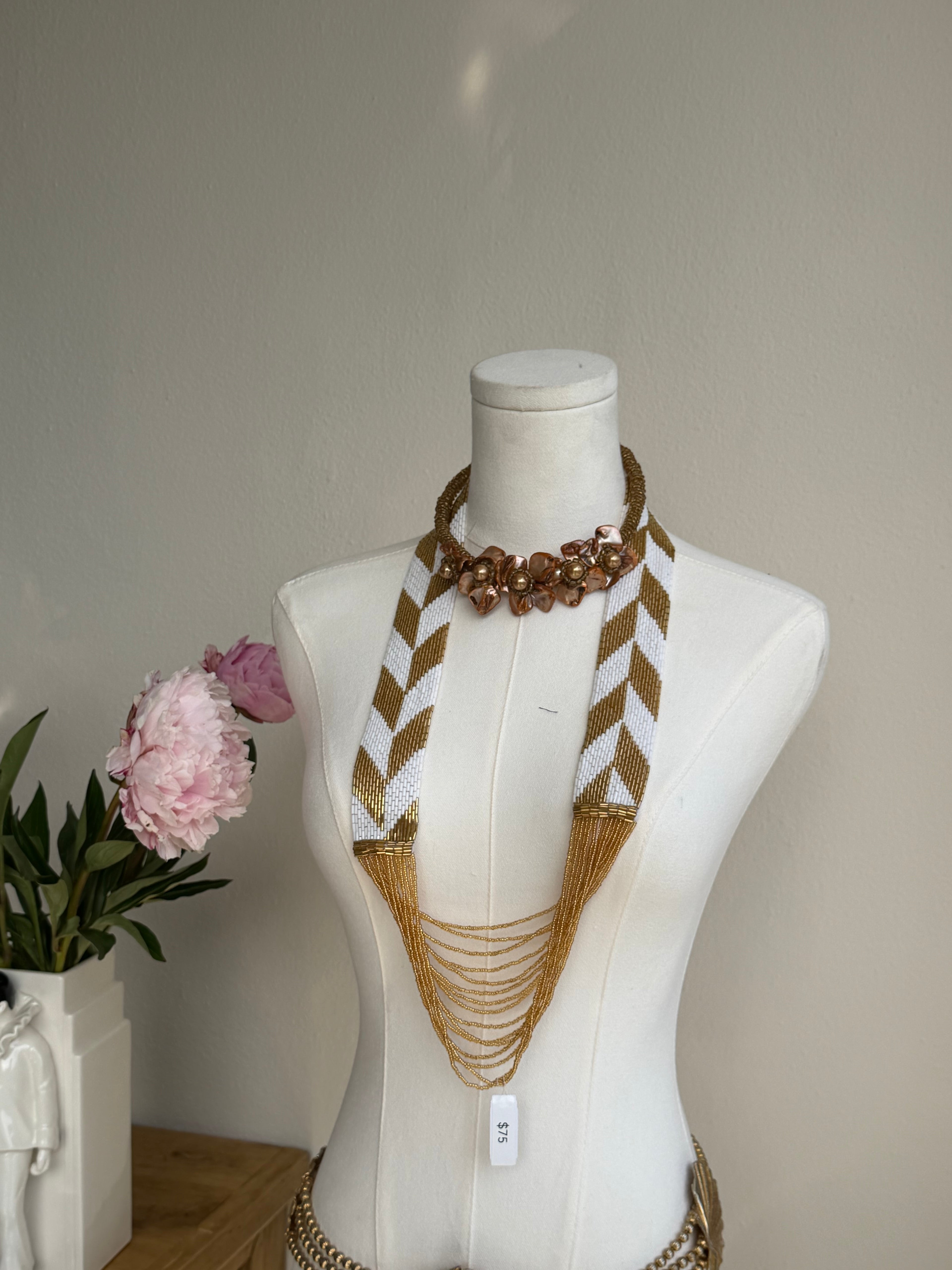 Gold & White Chevron Beaded Fringe Necklace