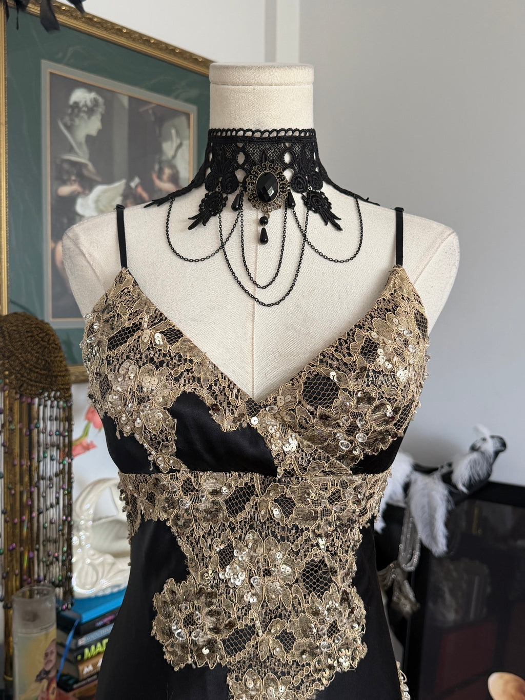 Vintage Caché Black & Gold Embellished Lace Evening Gown