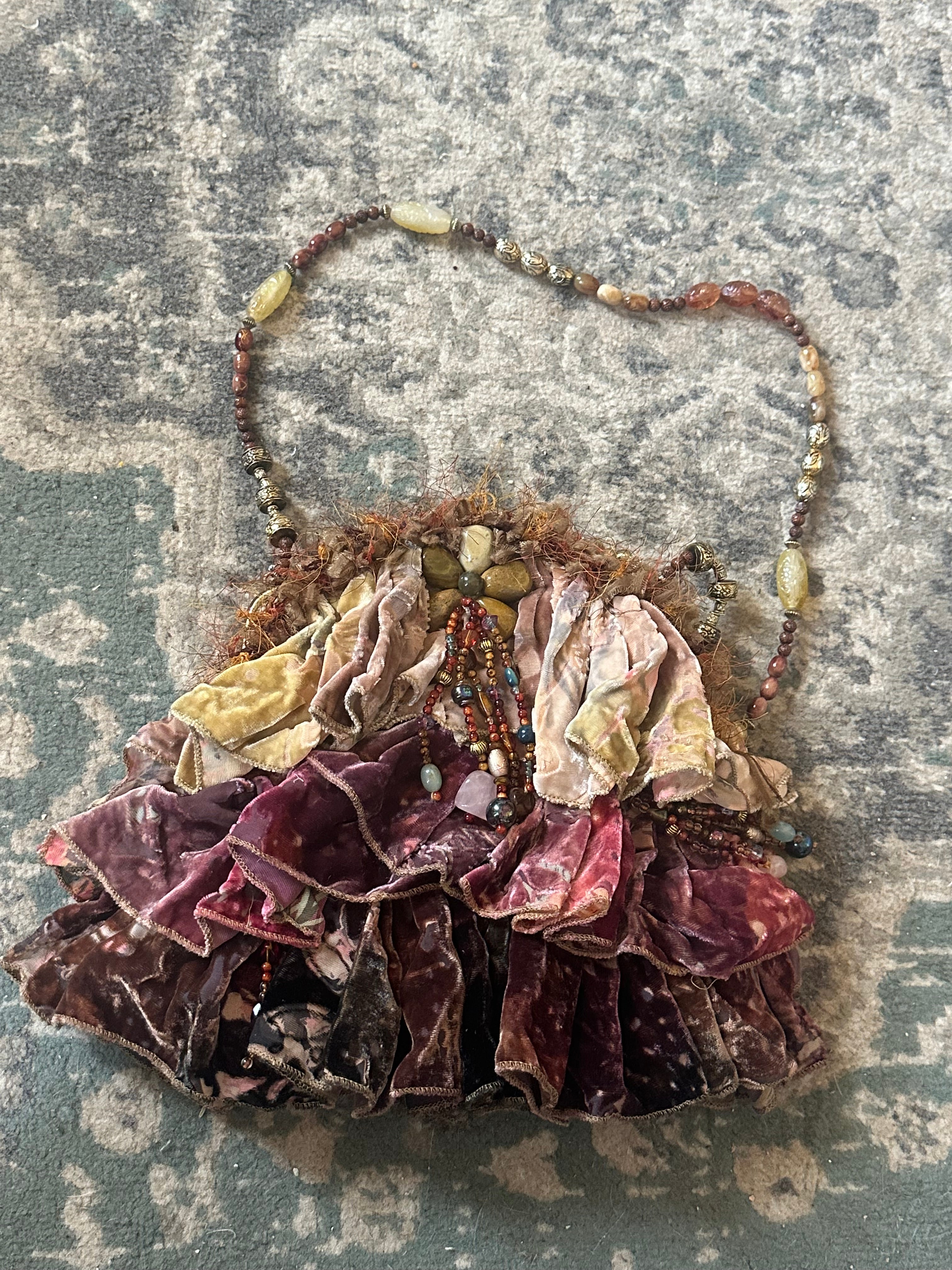Mary Frances Vintage Beaded Velvet Ruffle Shoulder Bag