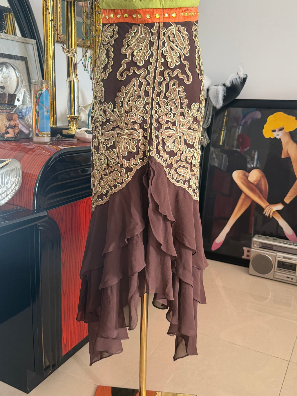 Vintage Sue Wong Couture 100% Silk Embroidered Halter Midi Dress | Size 6