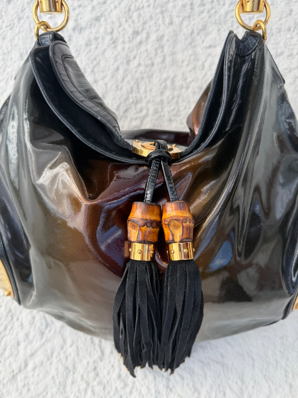 Gucci Indy Large Patent Bamboo Tassel Hobo Bag – Black Patent / Gold Hardware (2007 Collection)
