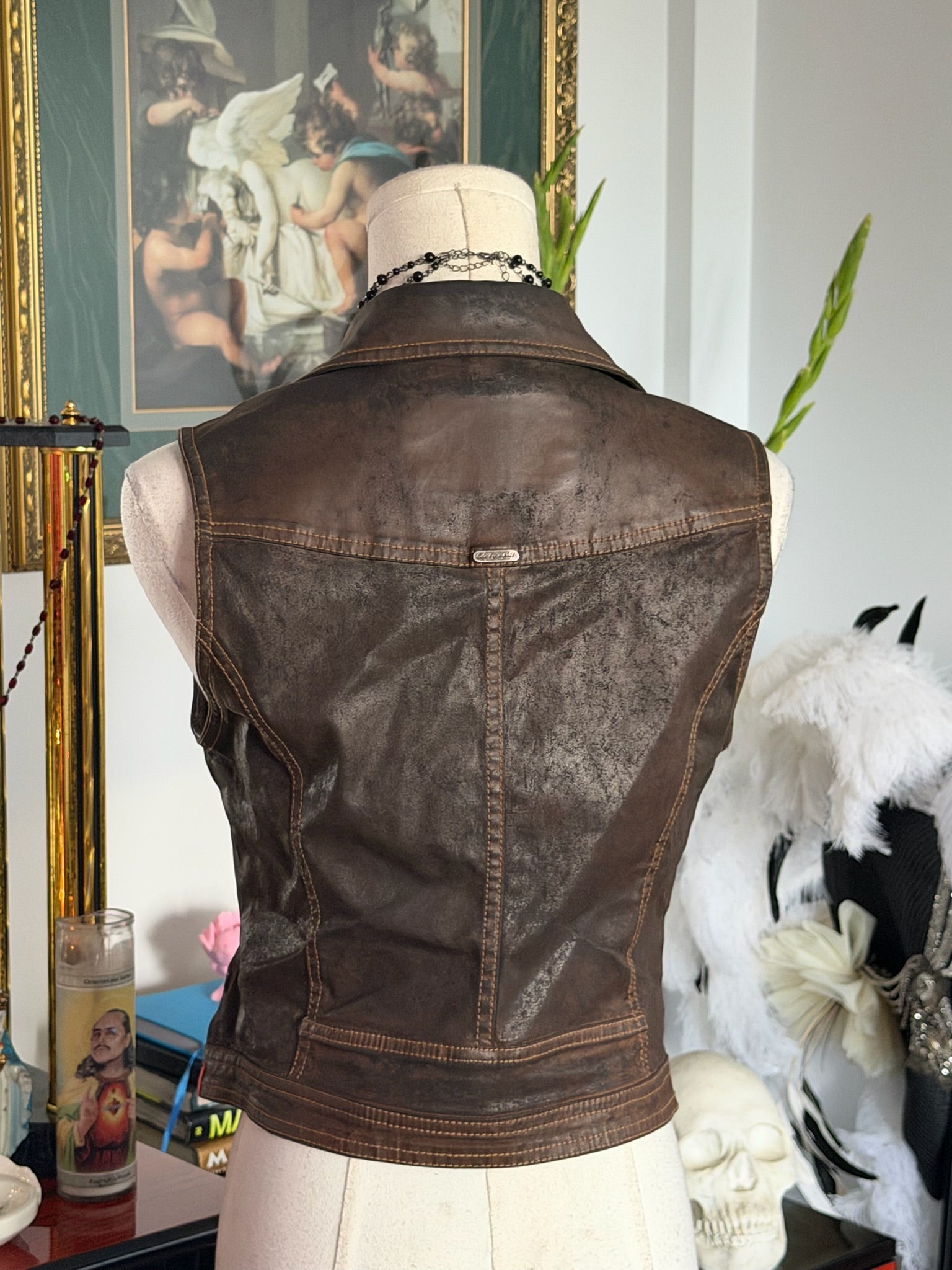 Edc by Esprit Distressed Brown Moto Zip Vest | Y2K Asymmetrical Jacket XS