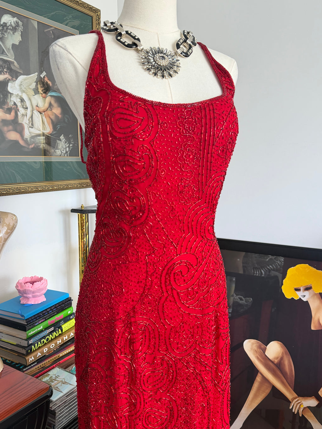 Vintage Cache Deadstock Fully Beaded Red Gown