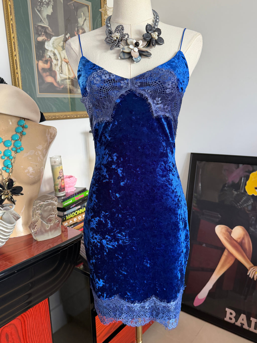 GUESS blue velvet lace slip - XS-S