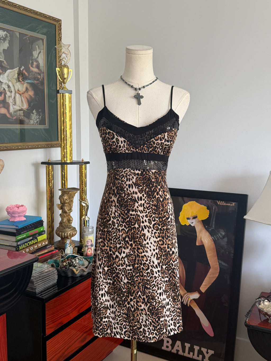 y2k leopard sheer sequin slip dress S-M
