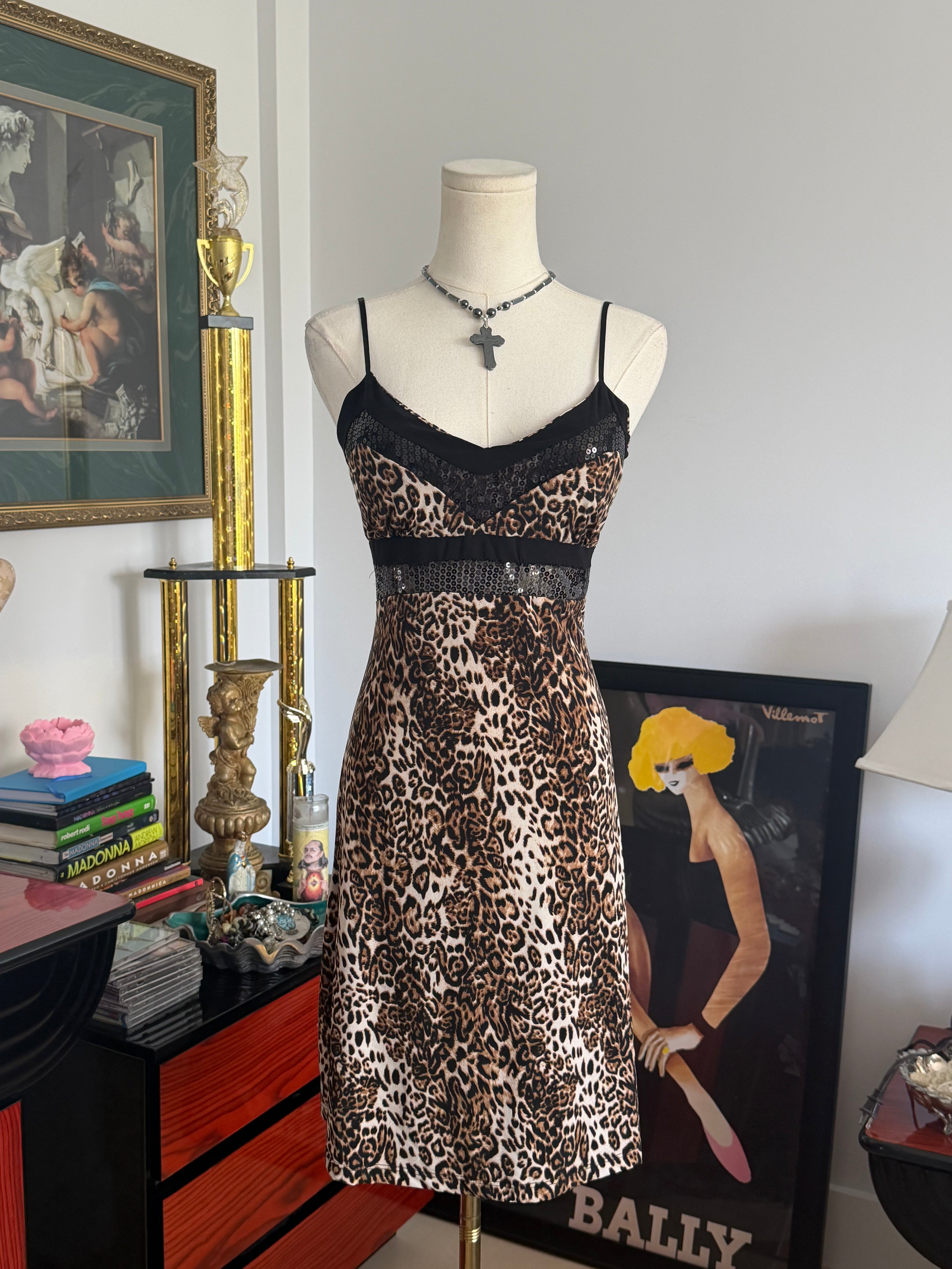 y2k leopard sheer sequin slip dress S-M