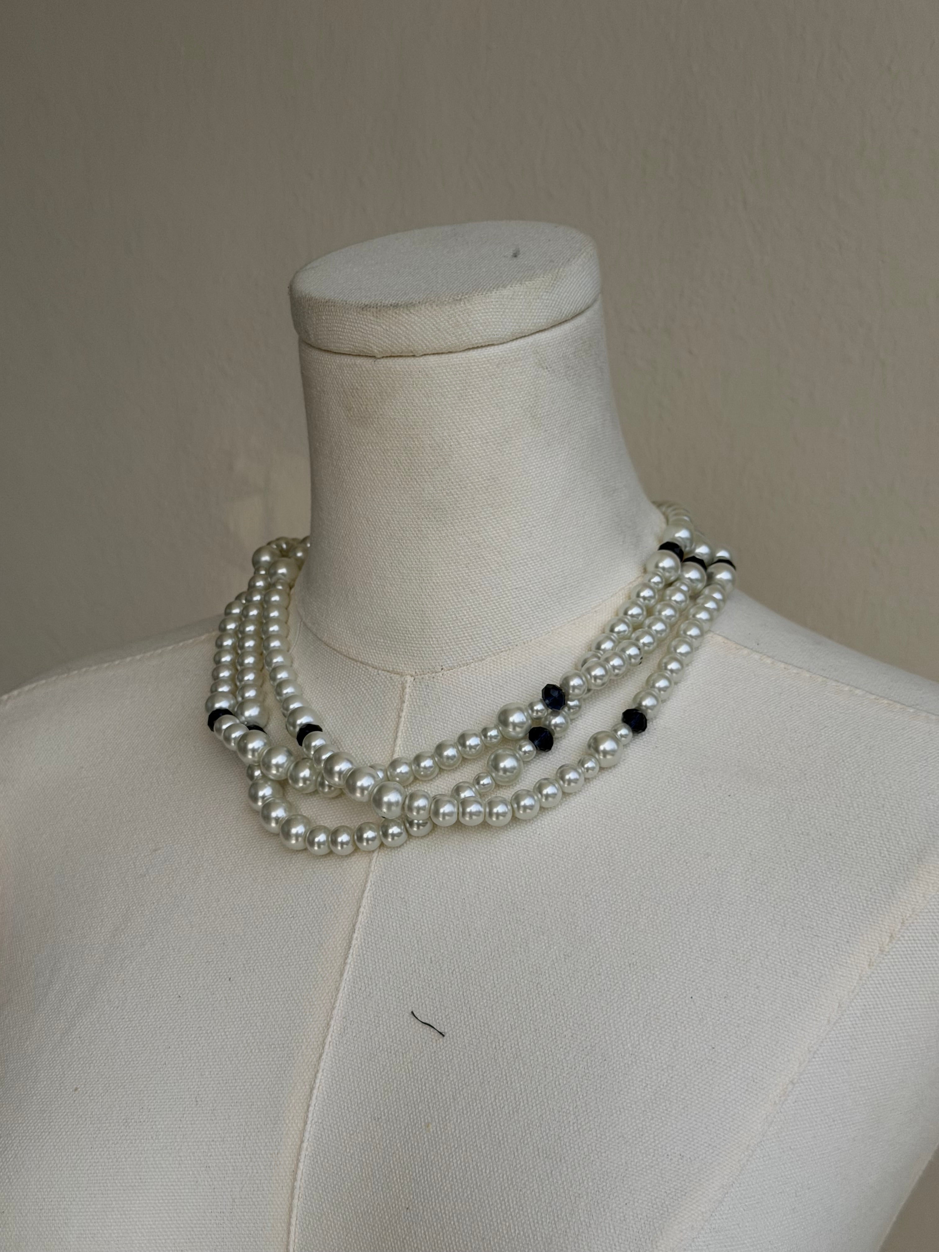 Vintage Multi-Strand Pearl Necklace with Black Crystal Accents