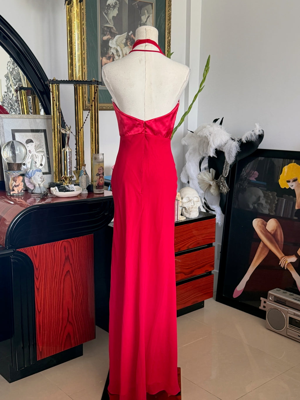 Vintage Betsy & Adam Red Halter Evening Gown – Rhinestone Bow Detail