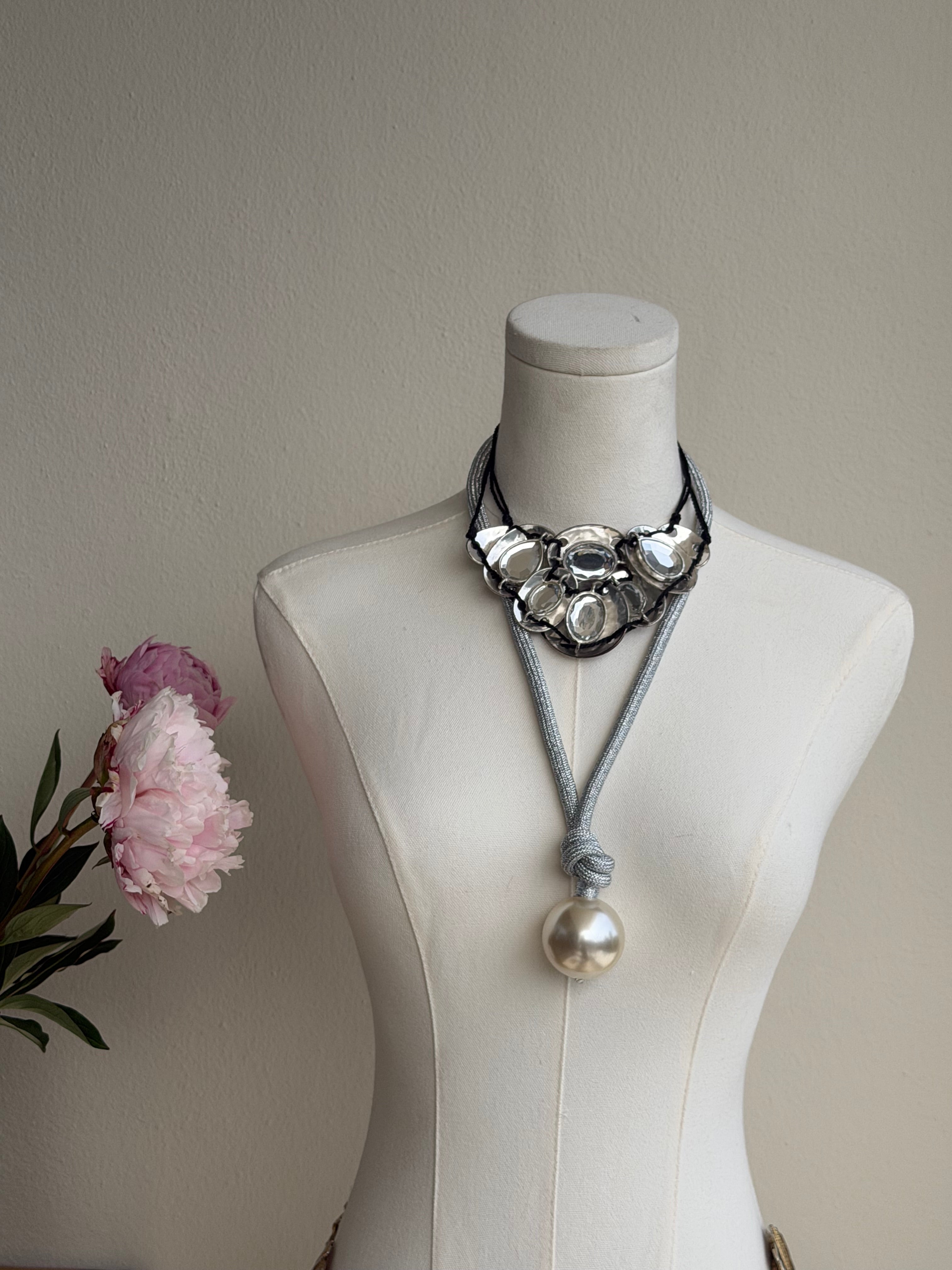 Silver Crystal Medallion Statement Choker