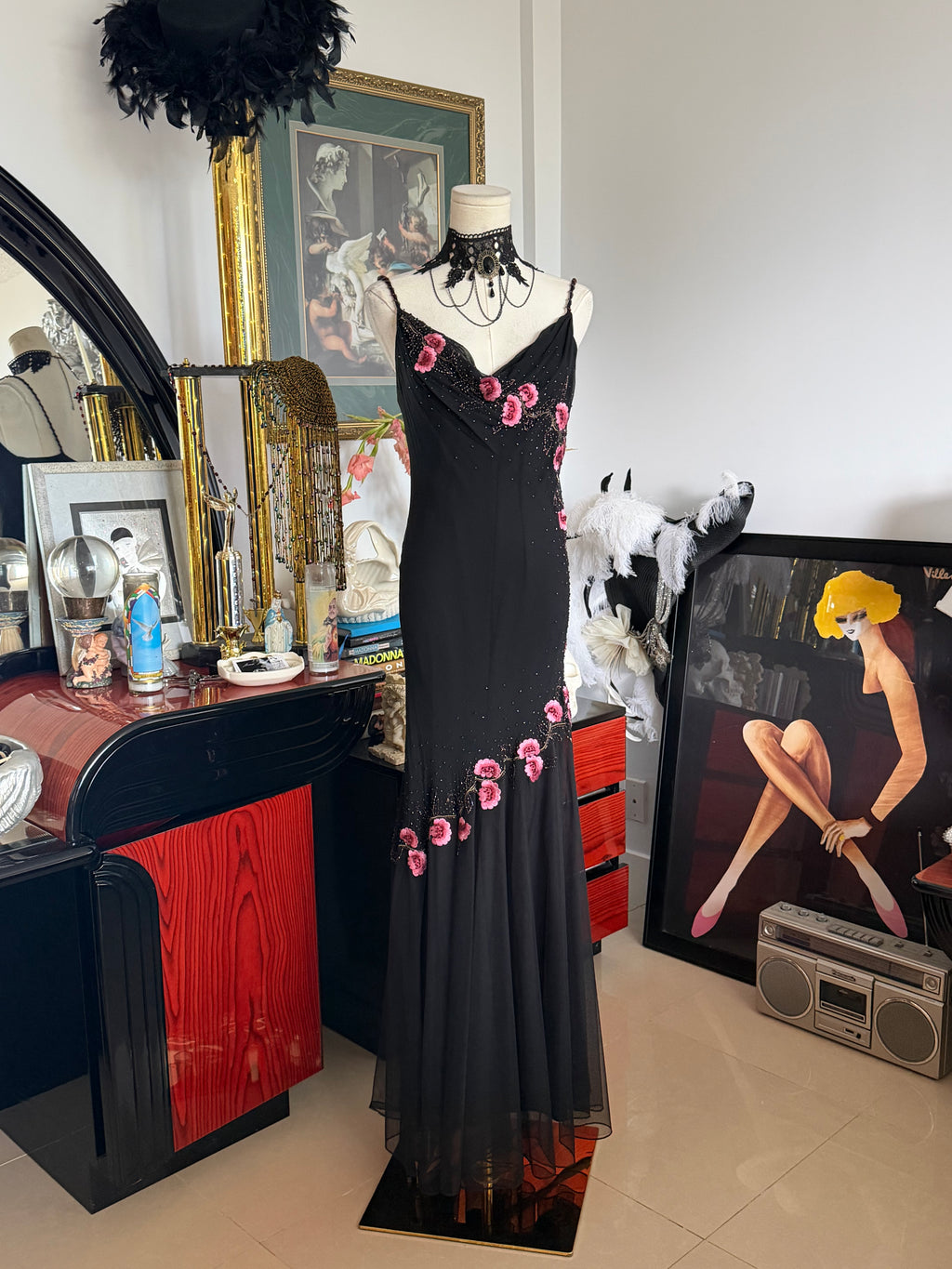 Vintage XSCAPE 100% Silk Black Pink Floral Beaded Gown