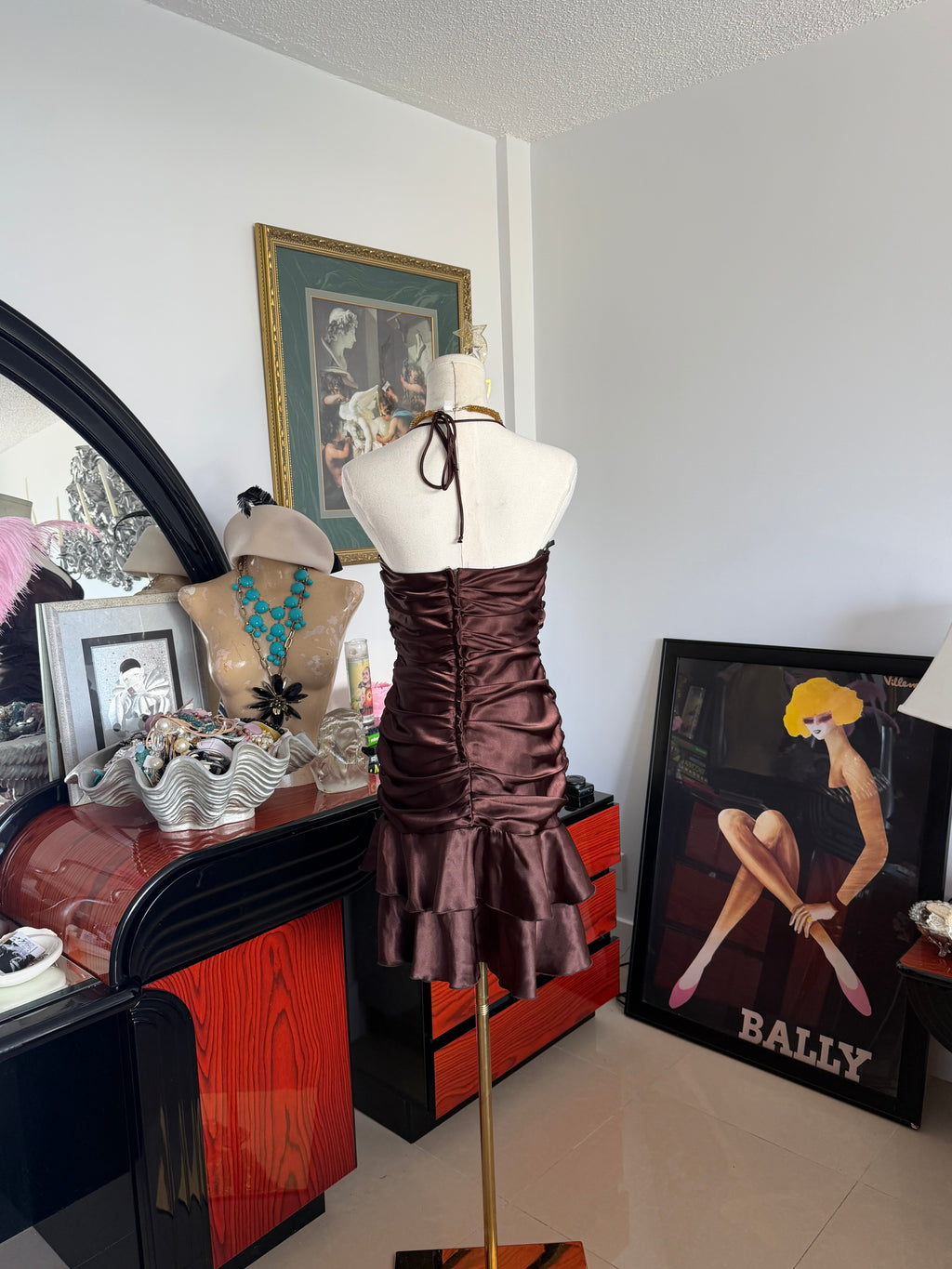 Vintage Y2K Chocolate Satin Ruched Party Dress -S