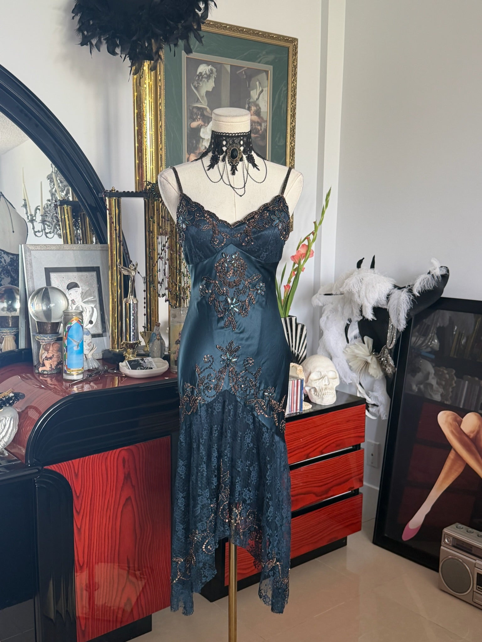 Cache Teal Beaded Lace Slip Dress 2