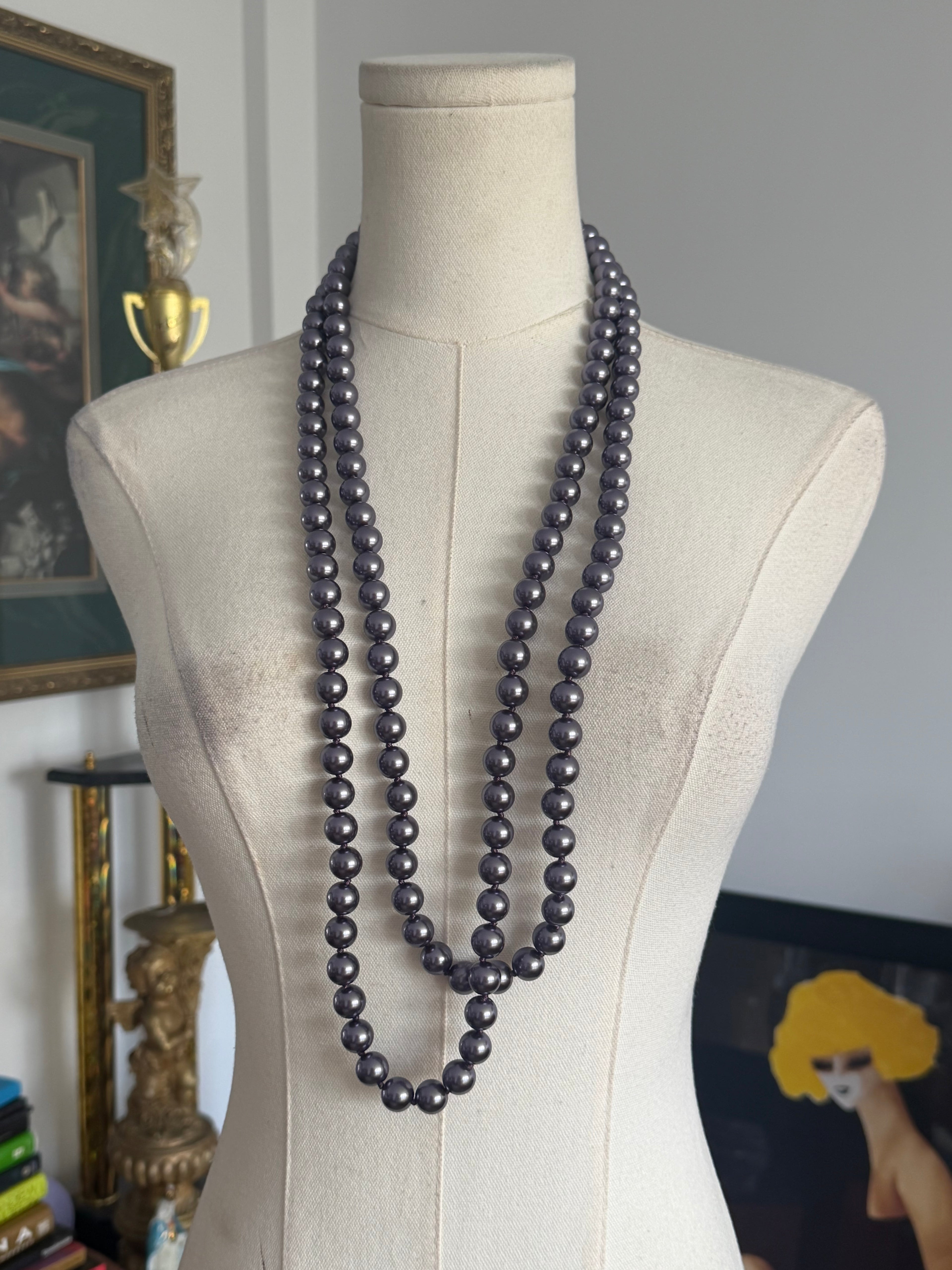 Metallic Plum Faux Pearl Opera Necklace
