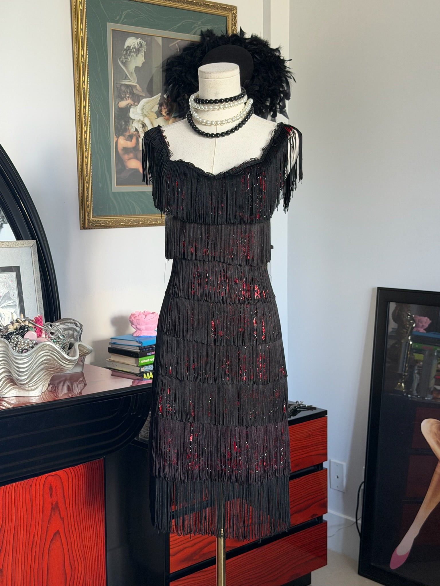 Vintage Morgan & Co. Black Fringe & Red Sequin Dress