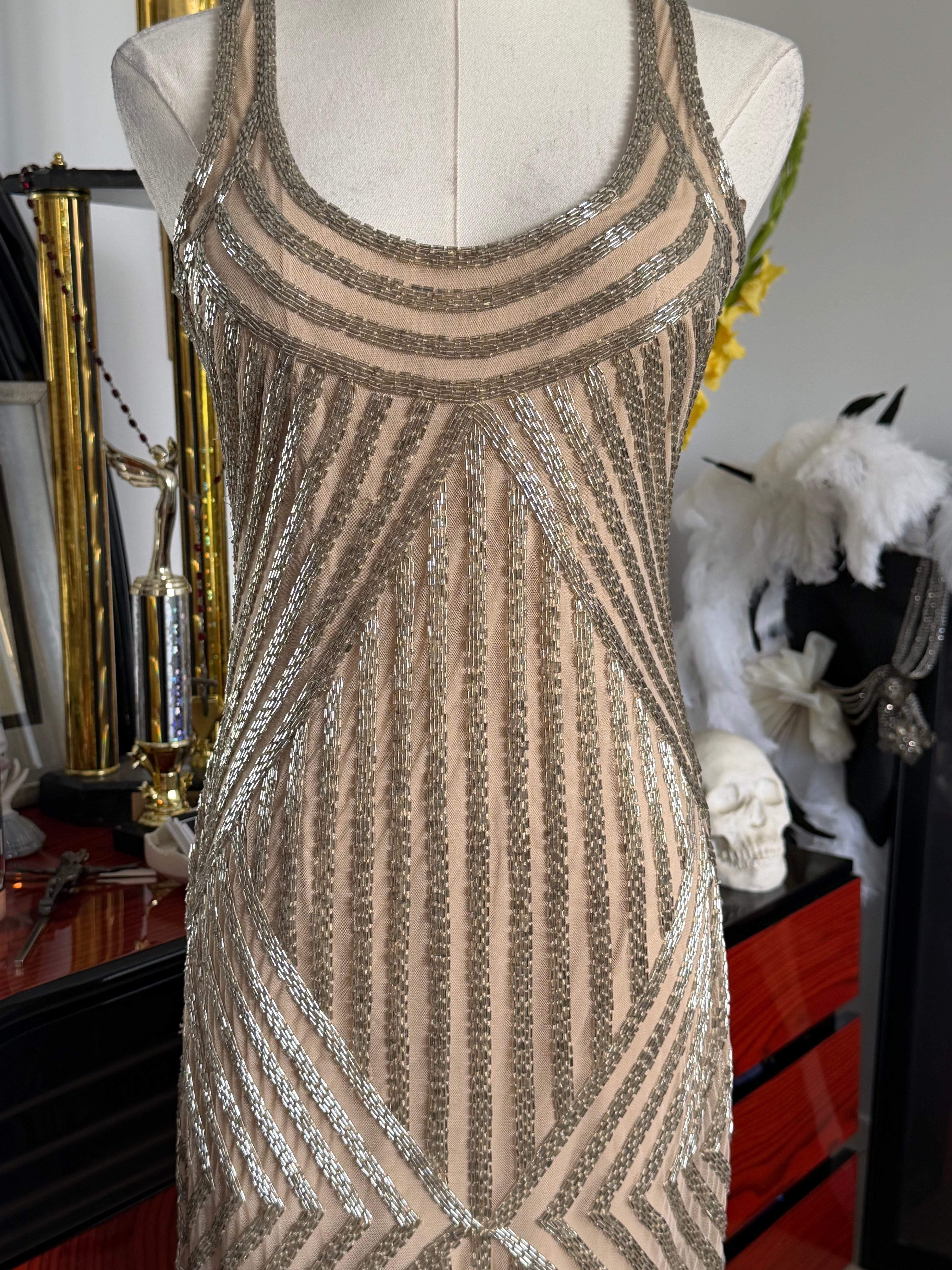 Aidan Mattox Art Deco Beaded Fringe Cocktail Dress
