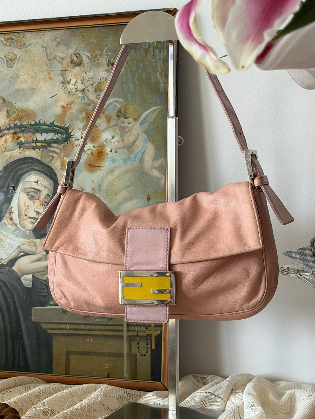 Fendi Blush Pink Nappa Leather Baguette Bag with Yellow FF Clasp (2003-2005)