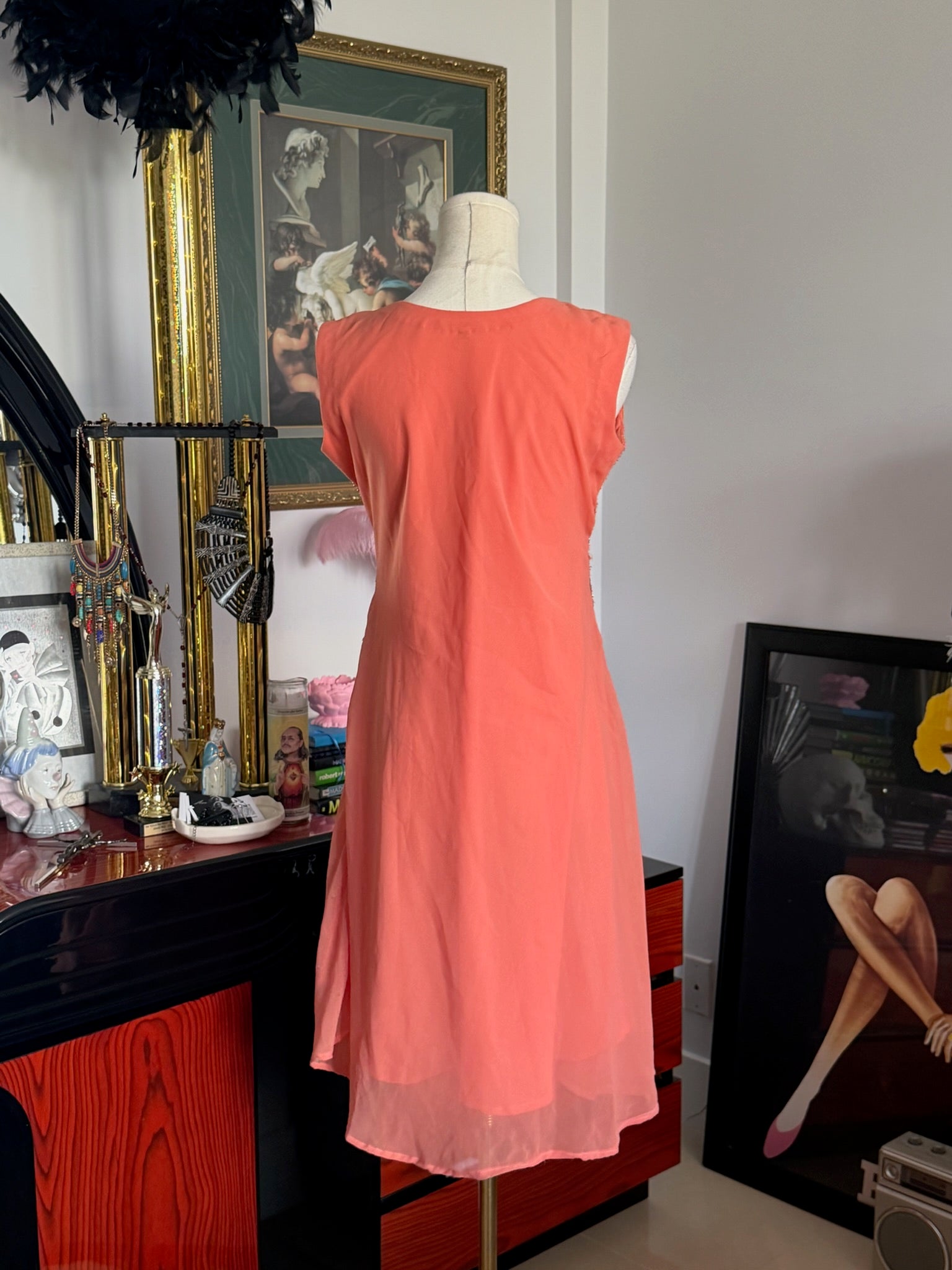 Vintage heavily beaded coral cocktail dress -M