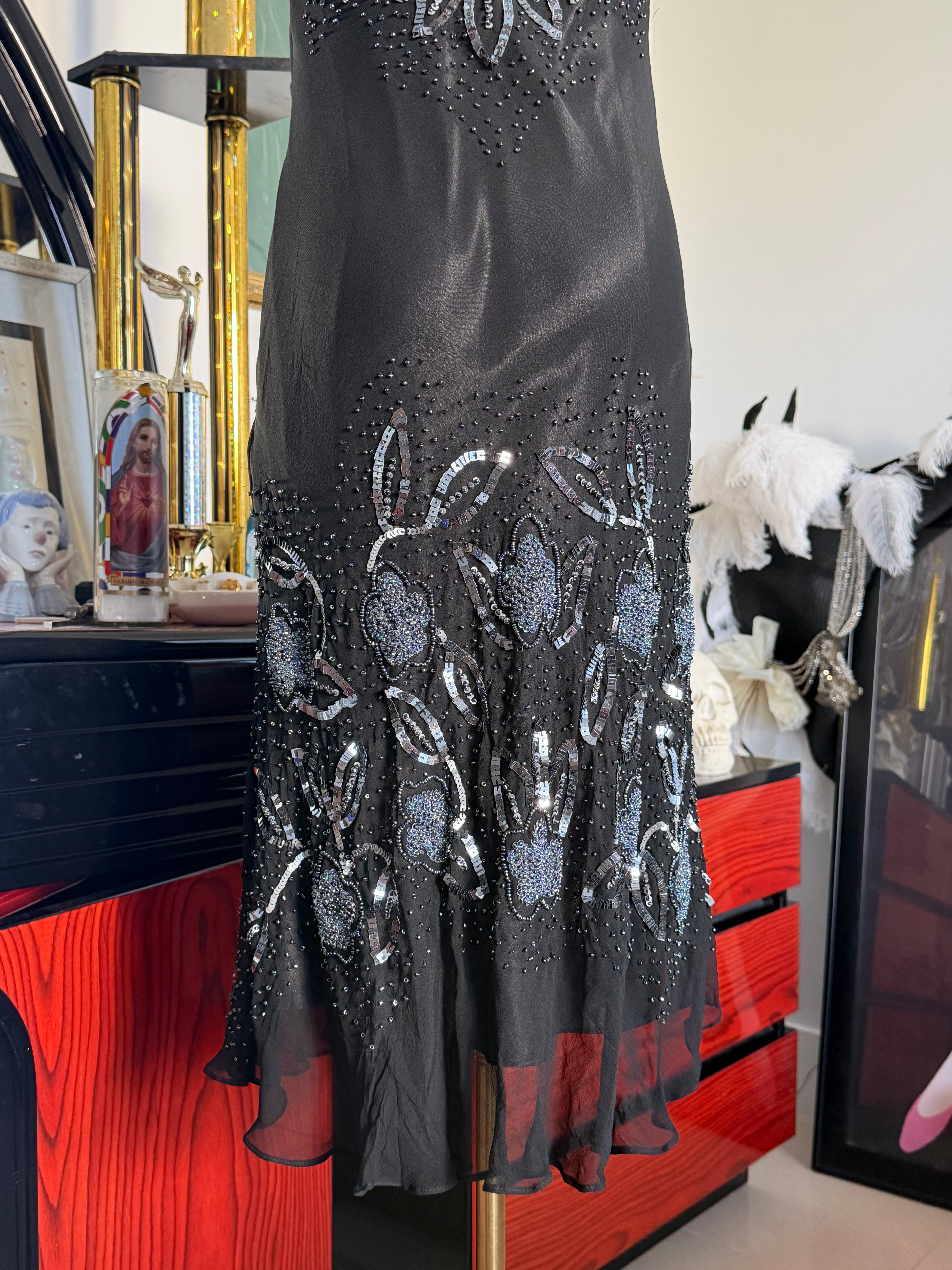 Papell Boutique Black Silk Beaded Floral Evening Dress — Size 4