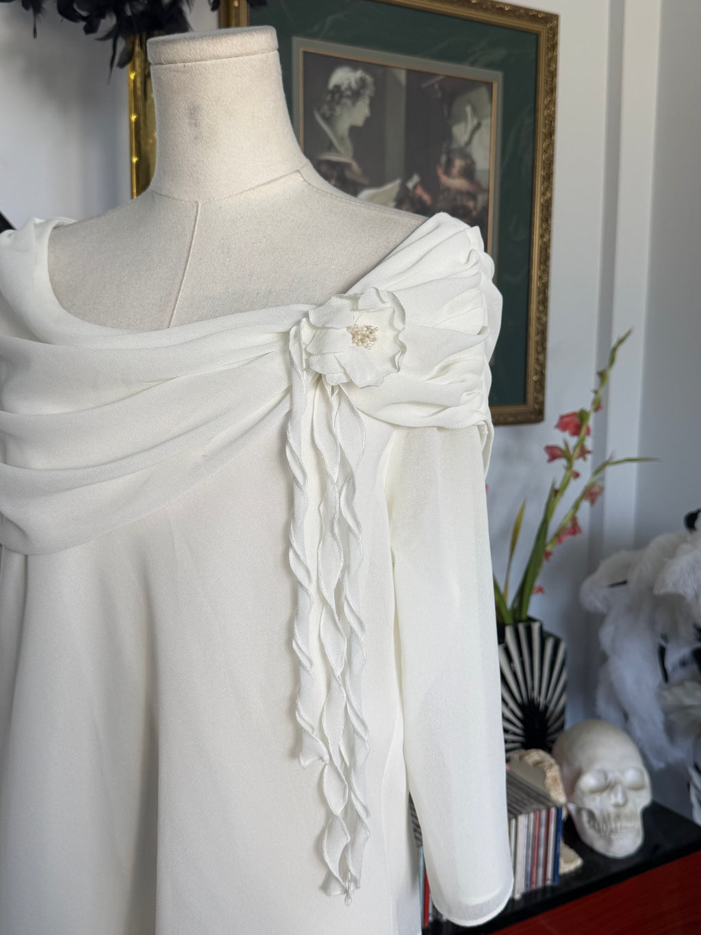 Vintage MSK Ivory Draped Off-Shoulder Floral Blouse