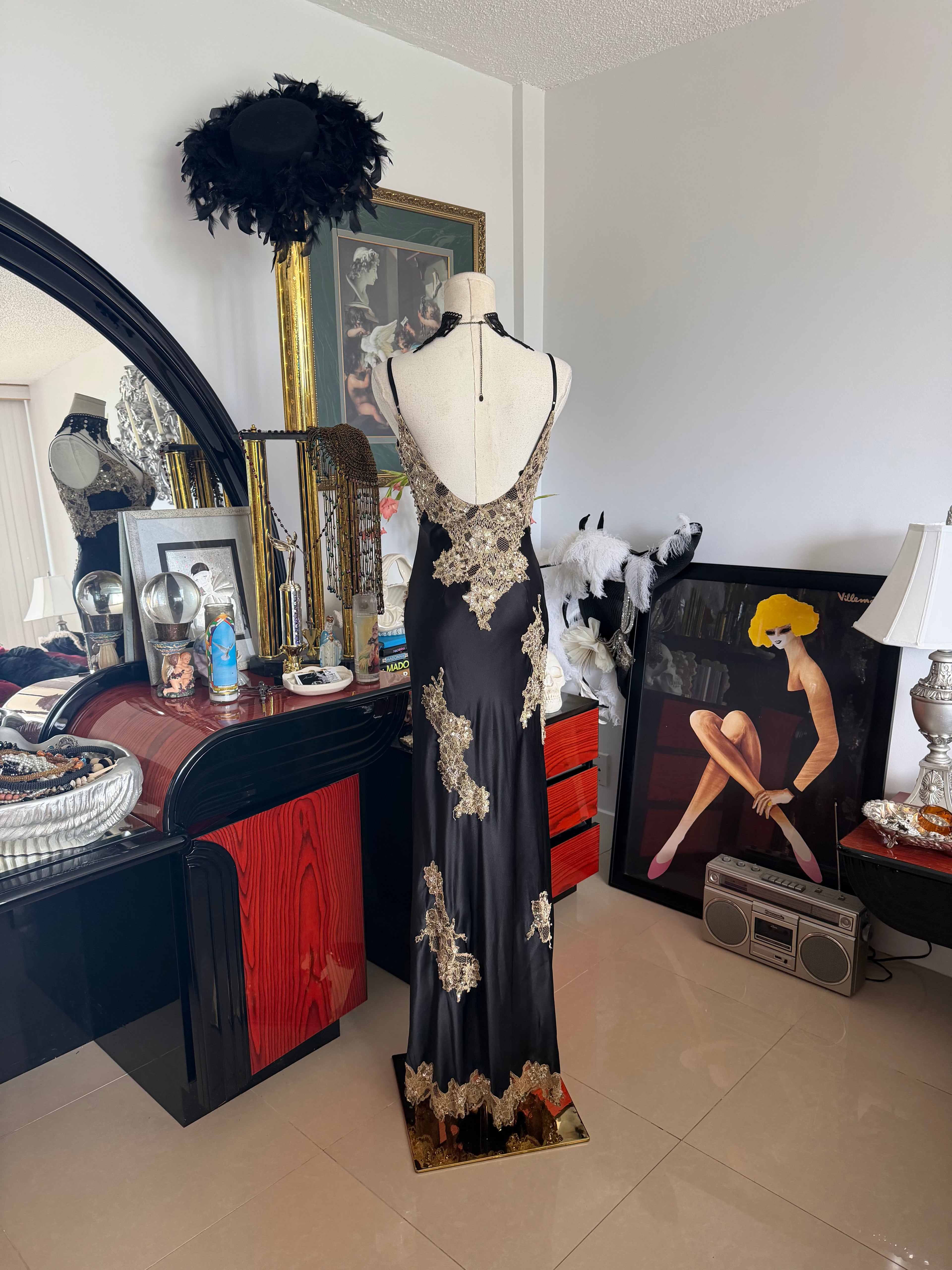 Vintage Caché Black & Gold Embellished Lace Evening Gown