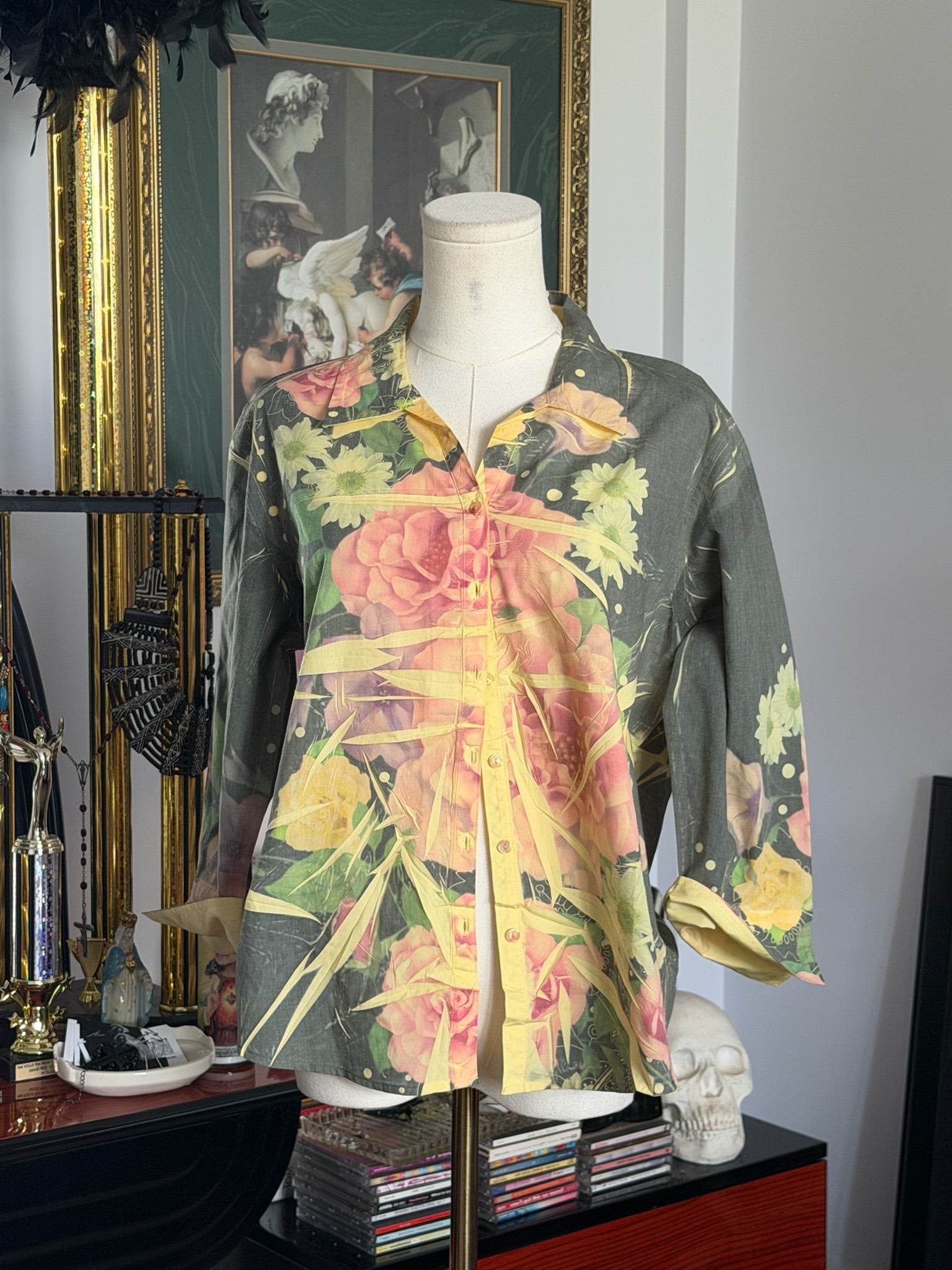 Vintage Sheer Floral Mesh Button-Up Blouse – Romantic Garden Print – Size M