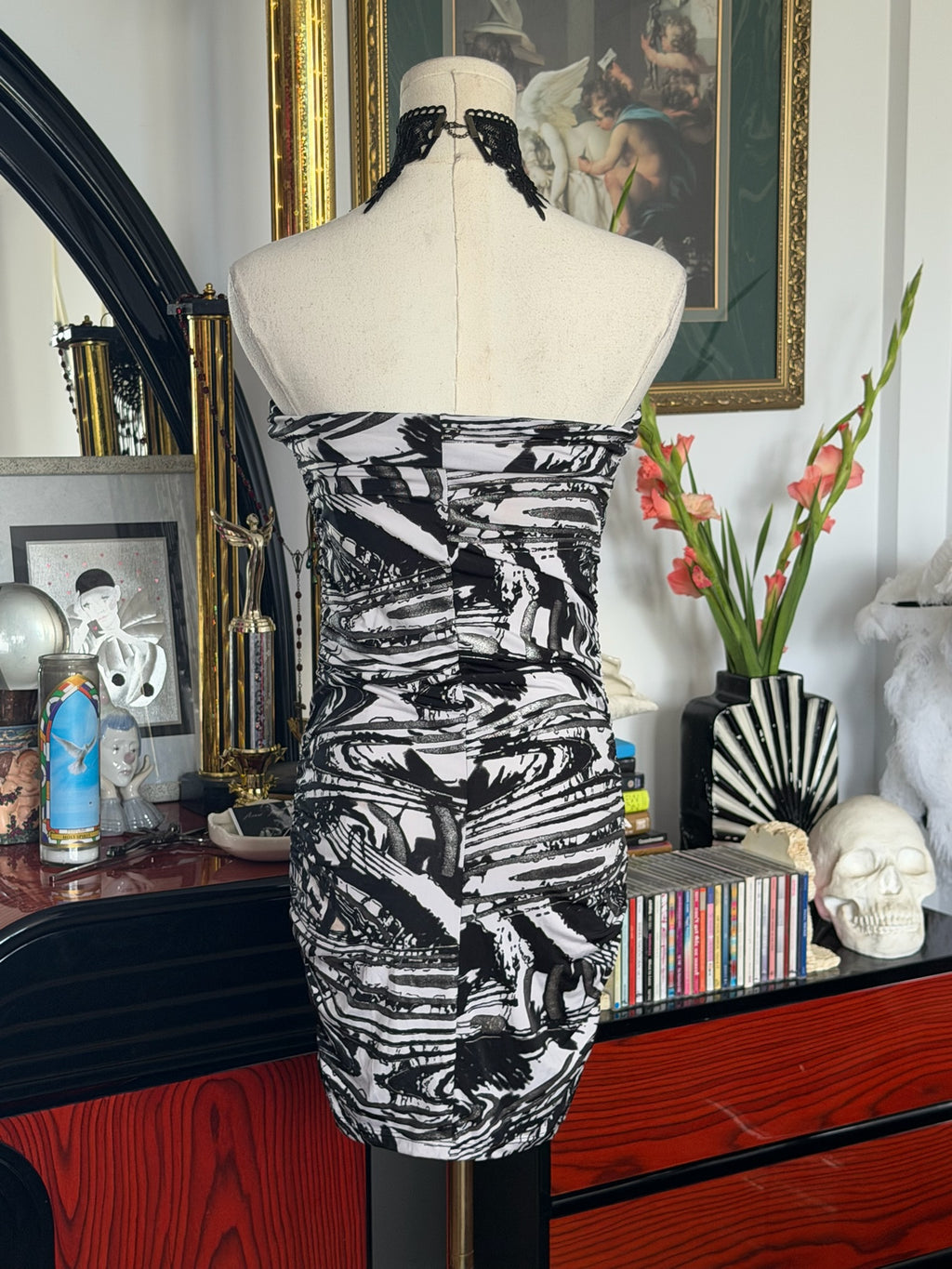 Abstract Strapless Ruched Mini Dress Xs-S